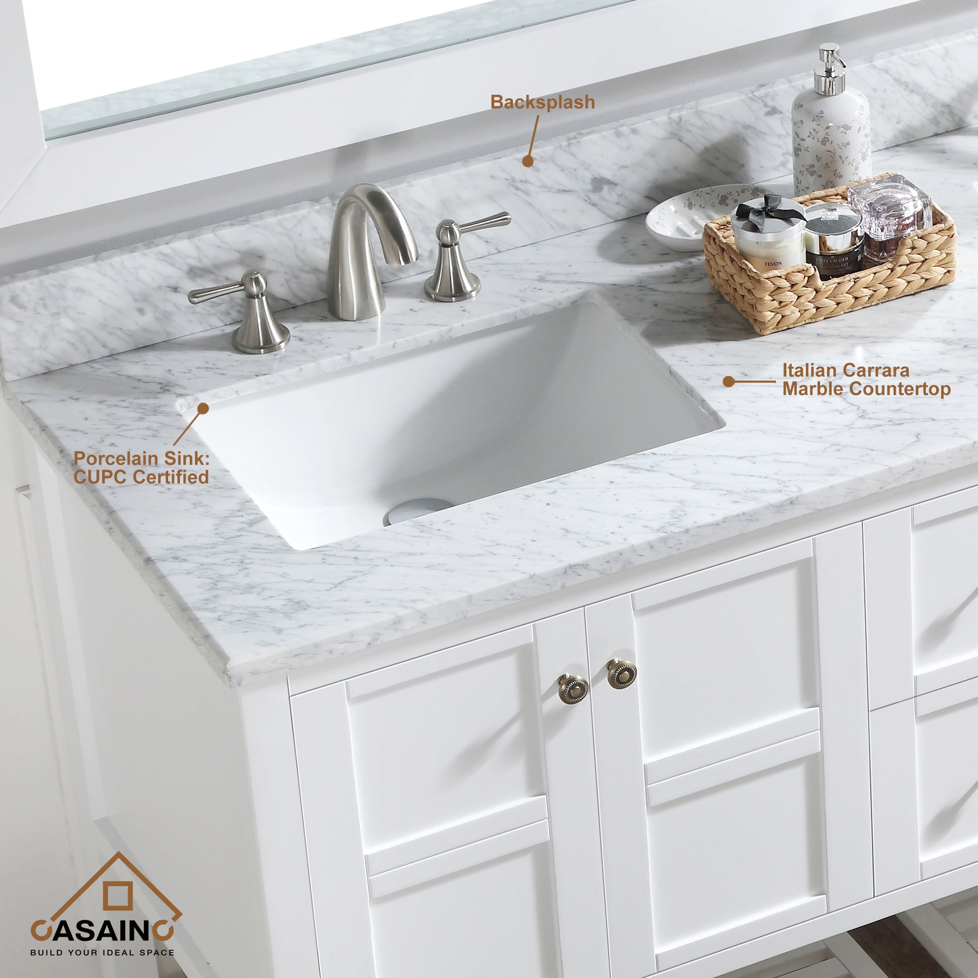 CASAINC Bathroom Vanity 60 x 22 x 35.4 with 1.2" Thickness Countertop & Backsplash, Bothe Side Rectangular Sink, 4 Soft Closing Doors, 2 Dove Tail Drawer Construction, Soft Close Drawer Hinges, Gray, White (With Mirror)