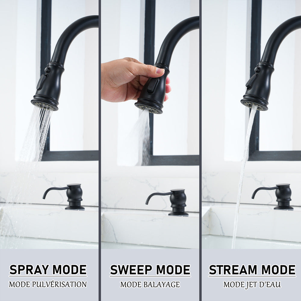 3-Hole Widespread Single-Handle Kitchen Faucet with 360° Swivel and 3-Function Spray
