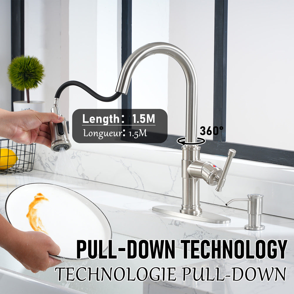 Single Handle Pull-Down Kitchen Faucet with Soap Dispenser