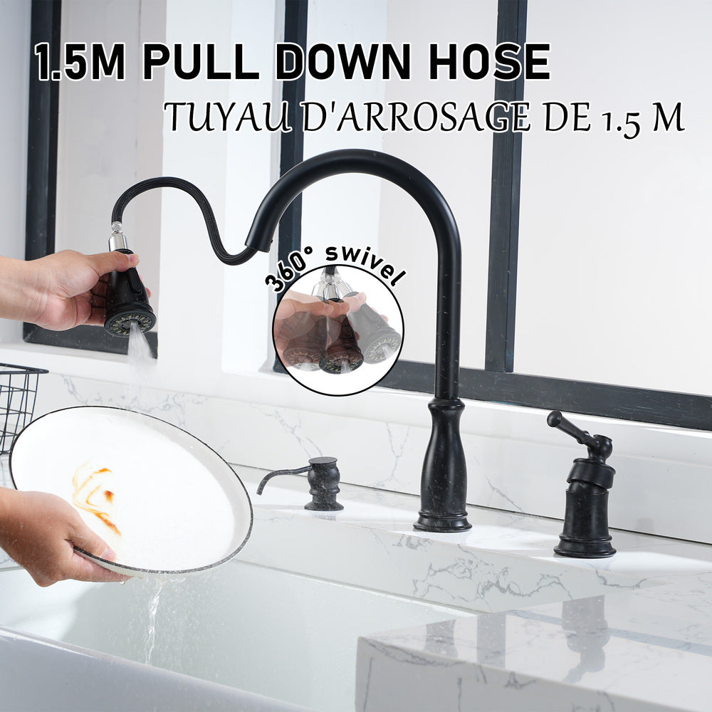 3-Hole Widespread Single-Handle Kitchen Faucet with 360° Swivel and 3-Function Spray