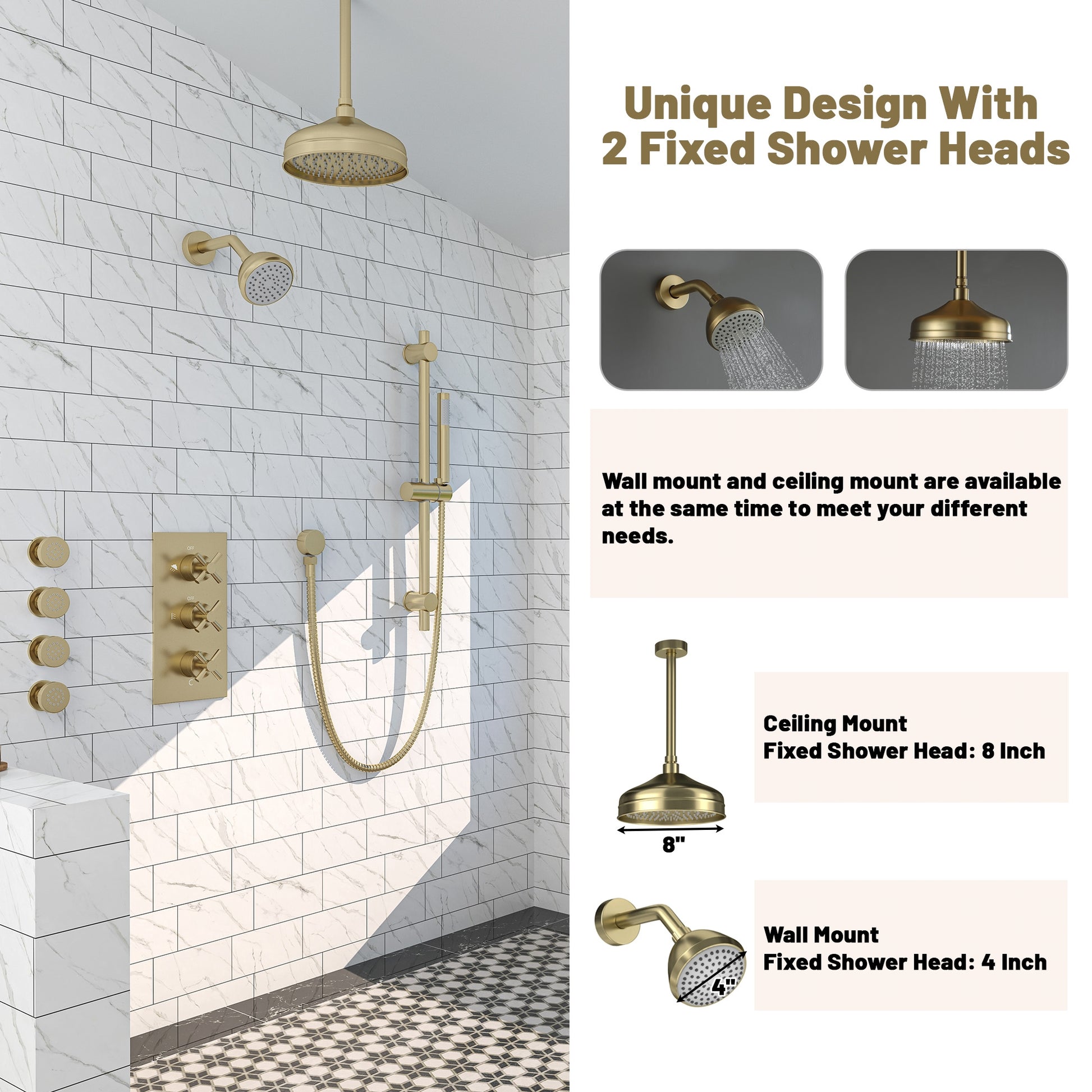 8" Dual Shower Head System with Slide Bar & Hand Shower & 4 Body Jets 