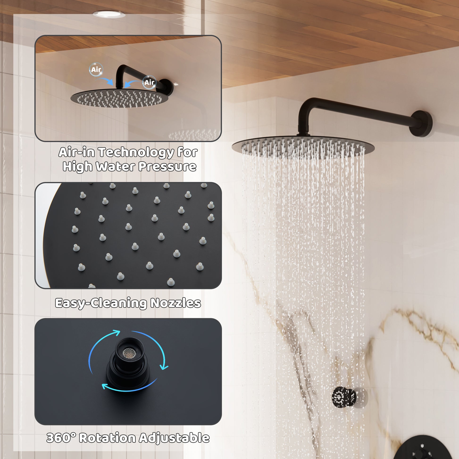 12" Round Rainfall Shower System with 6 Adjustable Body Jets