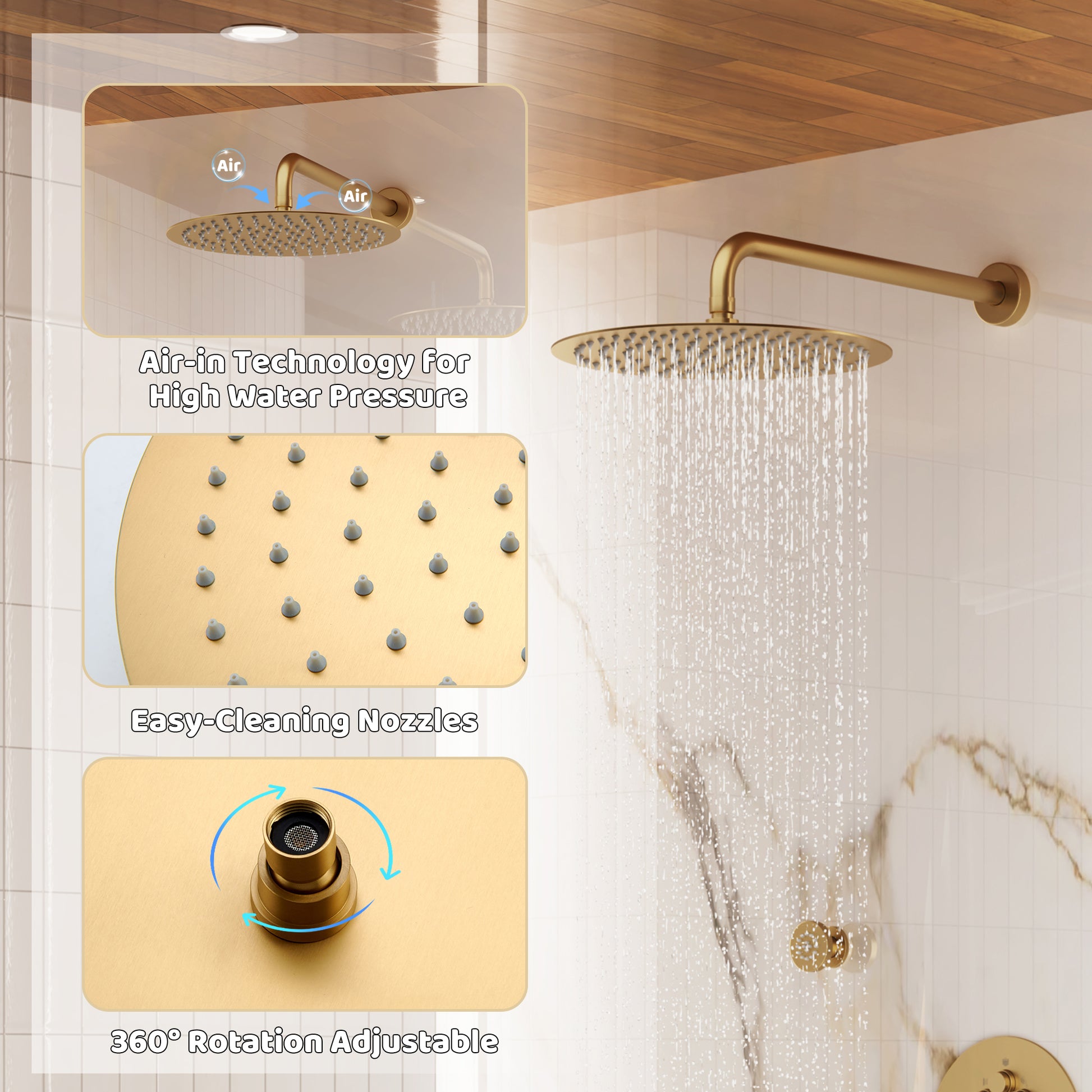 12" Round Rainfall Shower System with 6 Adjustable Body Jets