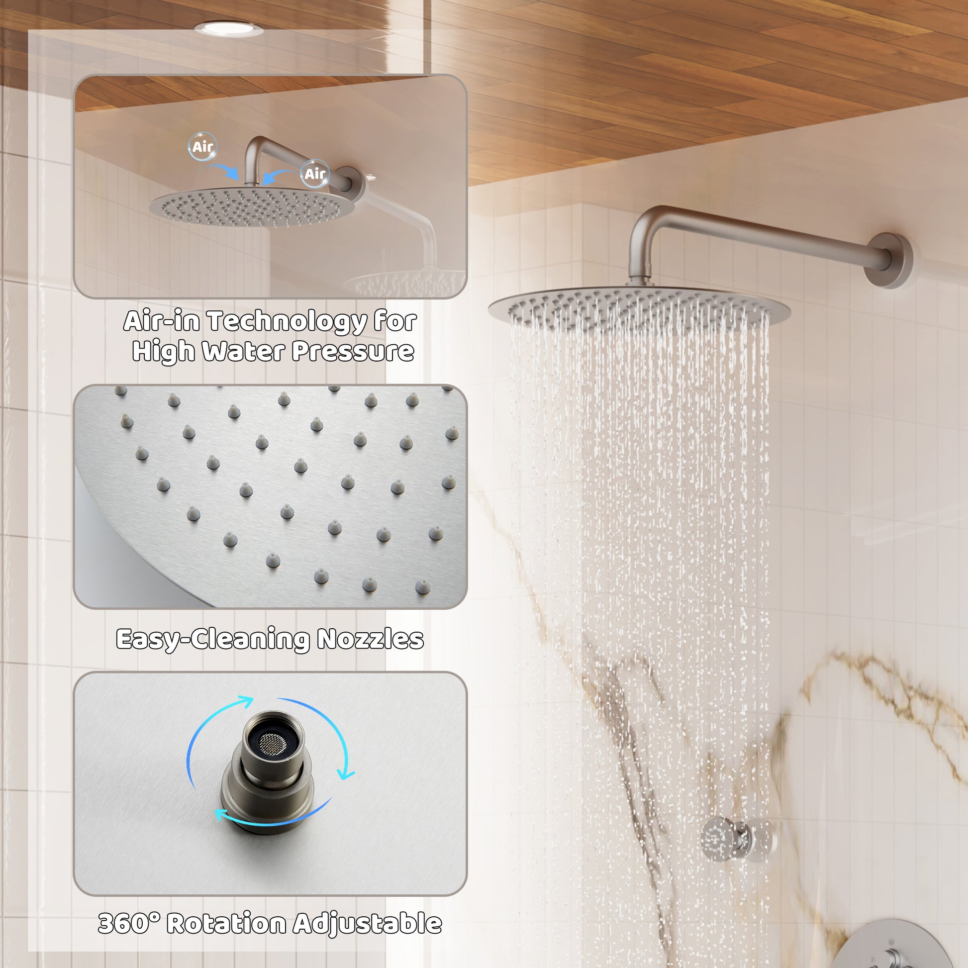 12" Round Rainfall Shower System with 6 Adjustable Body Jets