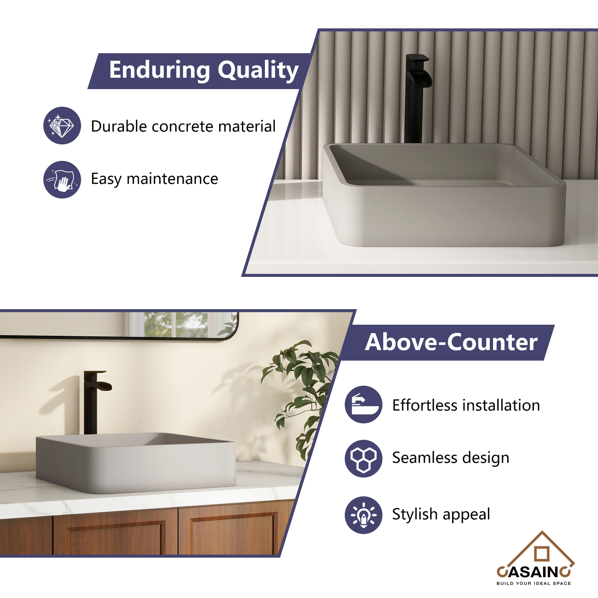 15in Bathroom Concrete Square Vessel Sink with Drainer in Mottled Bluish Grey / Cold Concrete Grey / Taupe Clay