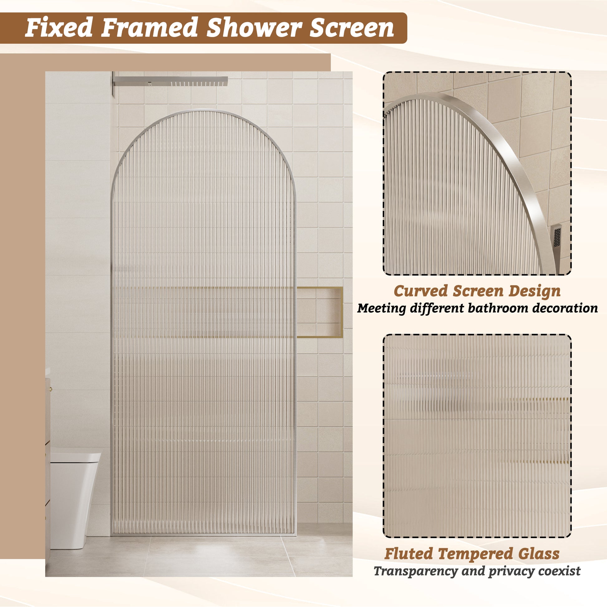 34"x78" Curved Frosted Glass Shower Screen with 10mm SGCC-Certified Tempered Glass