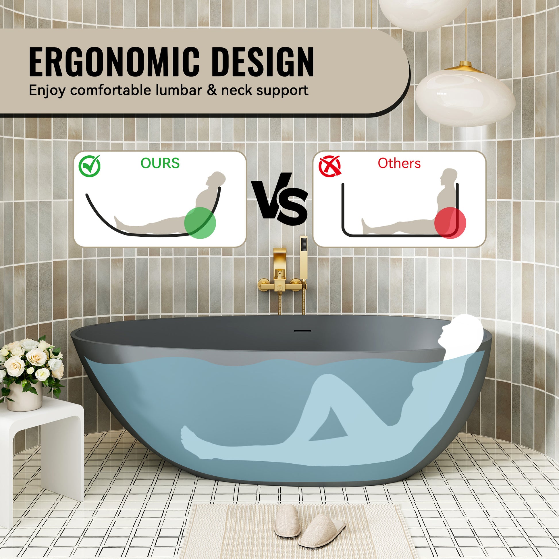 59" Non-porous Egg Shell Stone Resin Freestanding Soaking Tub Matte Black, Matte Grey - Egg Harbor