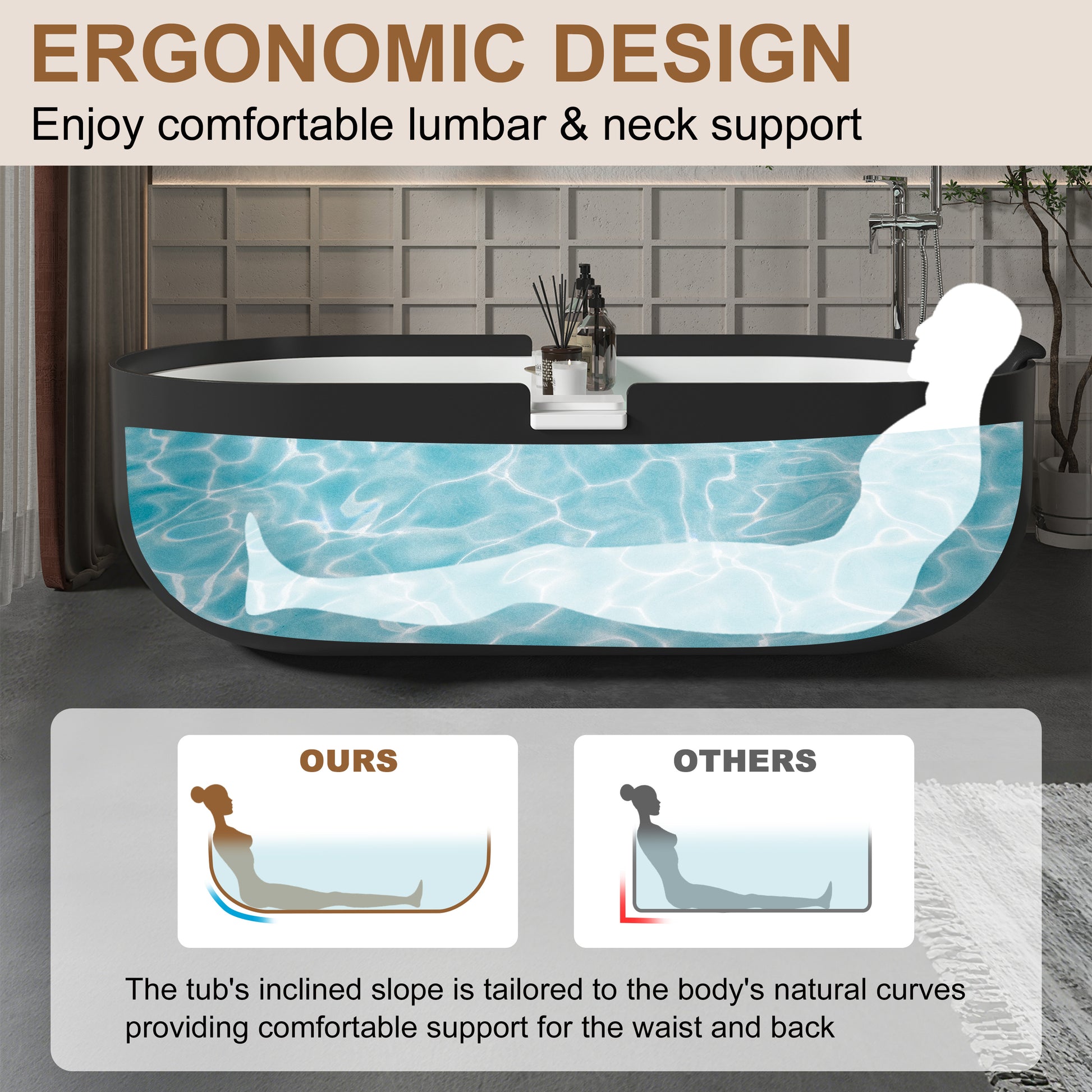 67/71" Black Outside and White Inside Solid Surface Adult Freestanding Tub with Resin Stone Shelf - Hudson