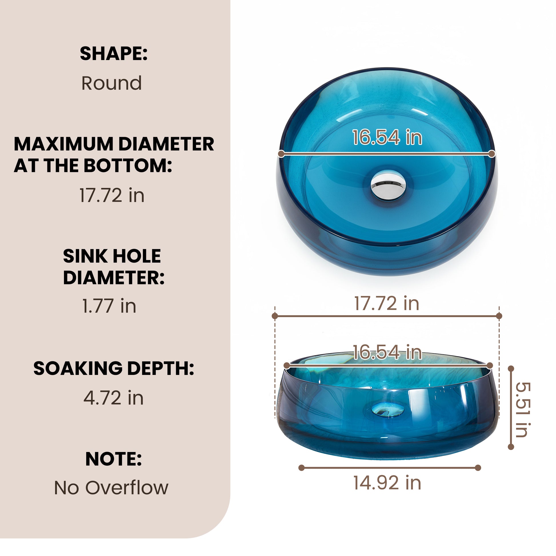 17.7" Round Transparent Resin Bathroom Vessel Sink with Drainer