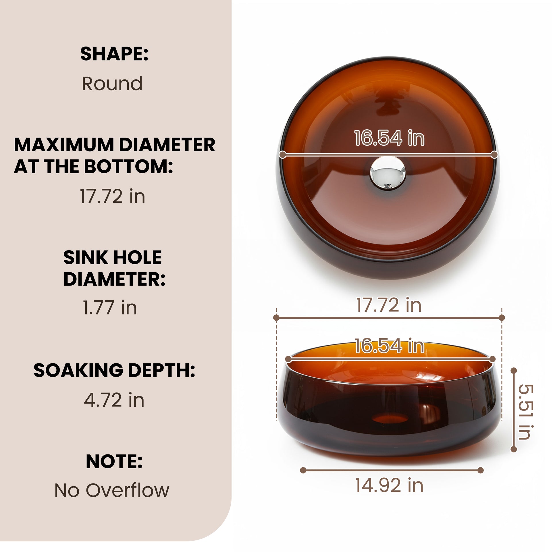 17.7" Round Transparent Resin Bathroom Vessel Sink with Drainer