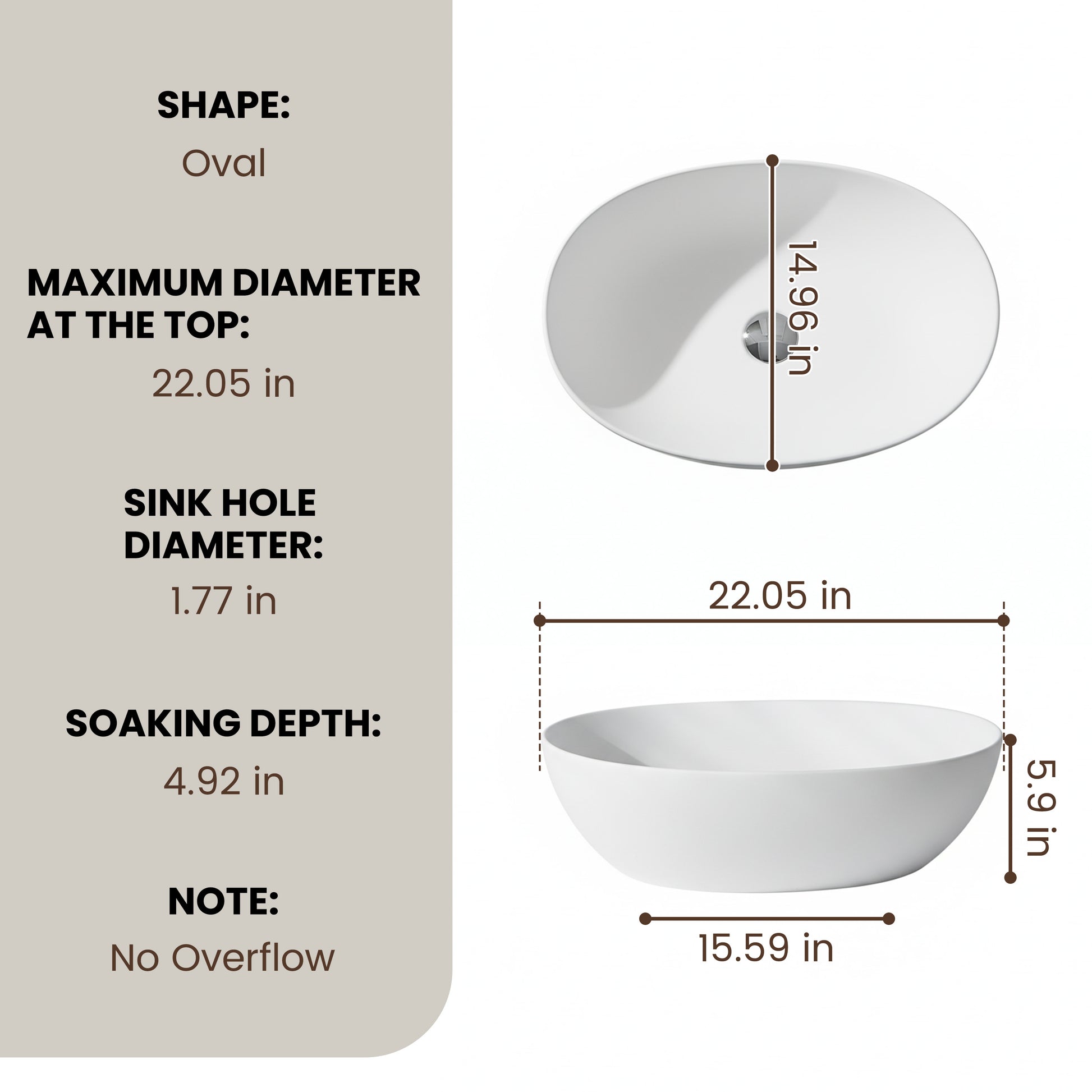 22" Oval Solid Surface Bathroom Vessel Sink in Matte White