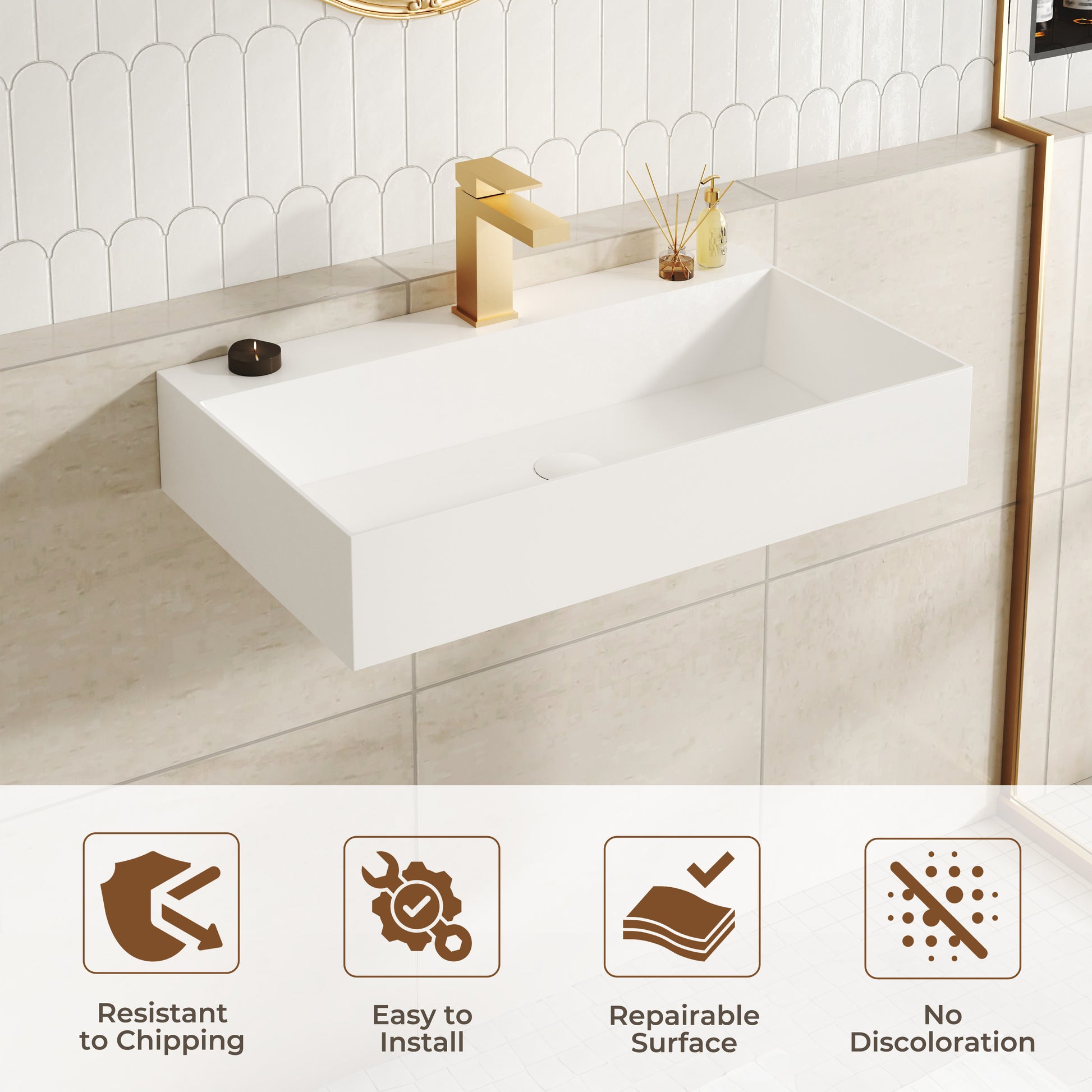 30"/42" Solid Surface Sink Wall Mount Stone Resin Bathroom Sink