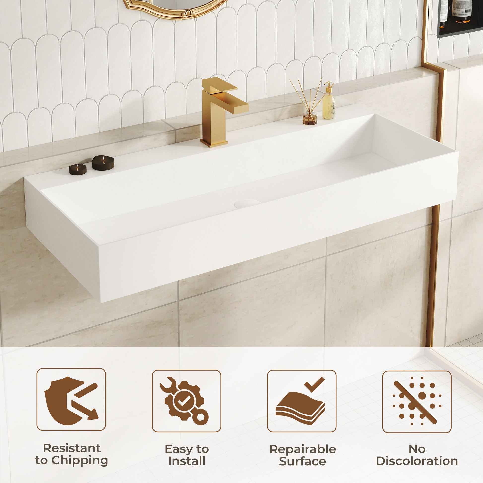30"/42" Solid Surface Sink Wall Mount Stone Resin Bathroom Sink