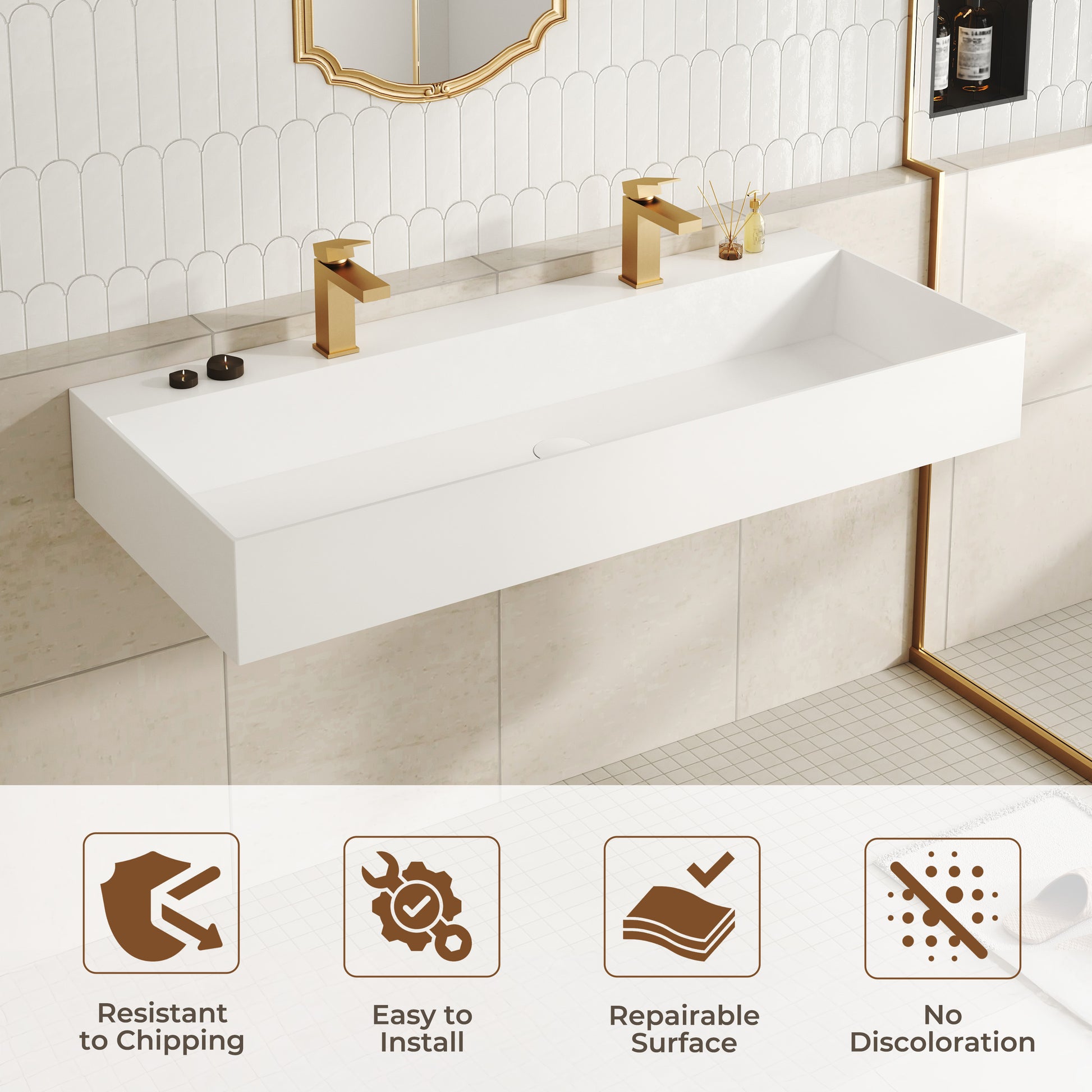 48" Wall Mounted Solid Surface Sink with 2 Faucet Holes