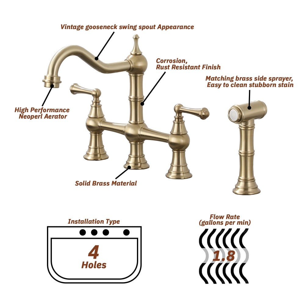 Vintage Dual-Handle Brass Kitchen Faucet with Side Spray