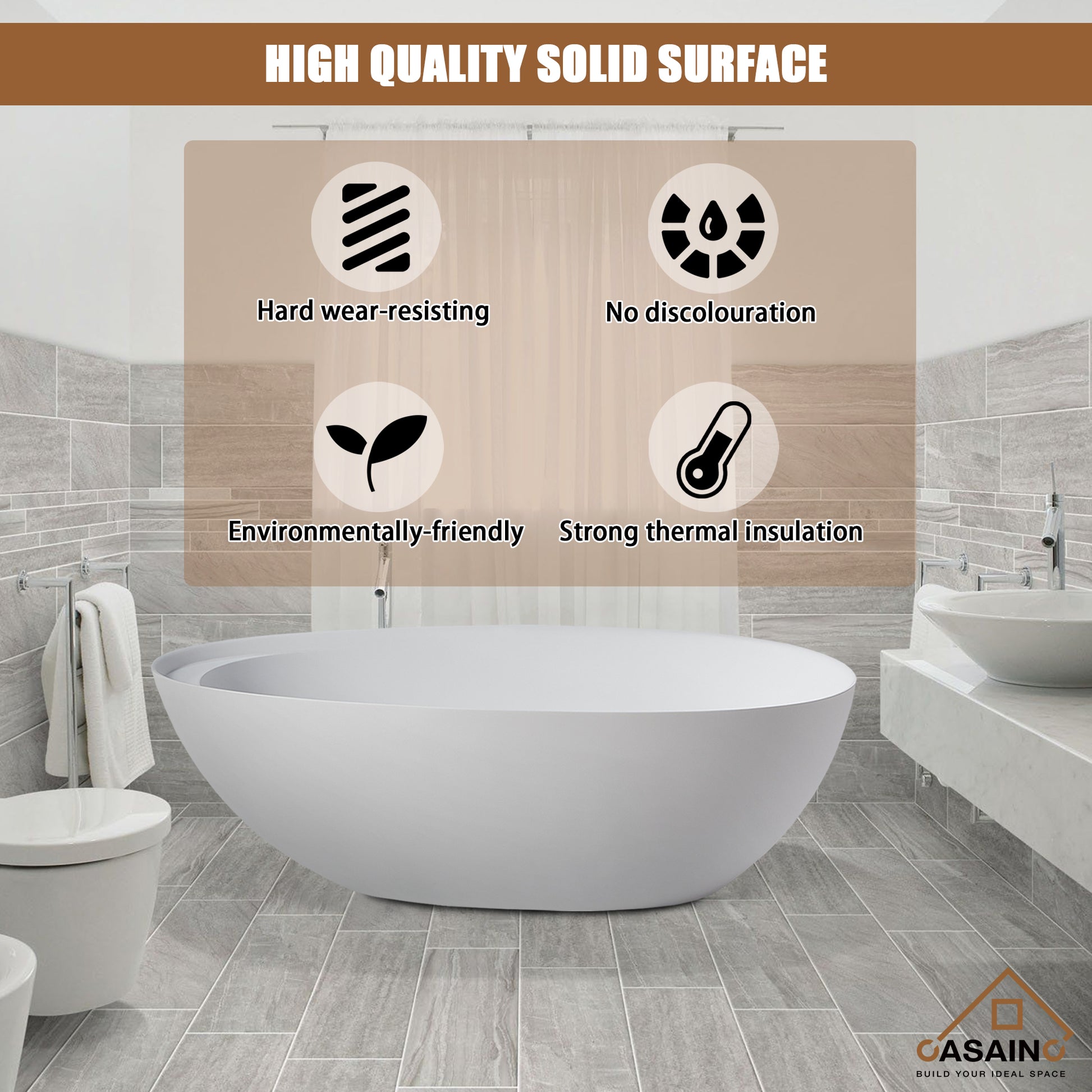 CASAINC 67" Solid Surface Freestanding Bathtub,Egg Shell Shaped Stone Resin Freestanding Tubs with Overflow and  Drain, Matte Black, Matte Grey, Matte White