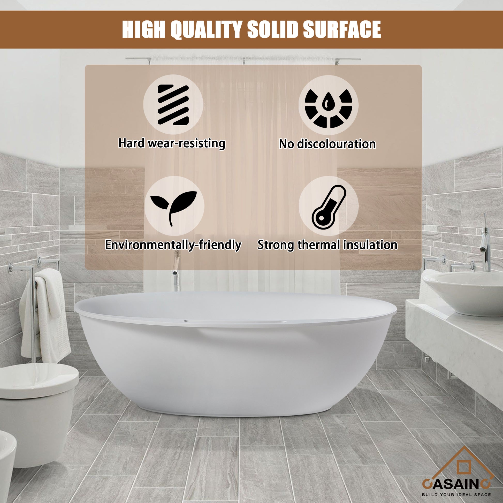 CASAINC 63" Solid Surface Freestanding Bathtub,Oval Shaped Stone Resin Freestanding Tubs with Overflow and  Drain, Matte Black, Matte Grey, Matte White