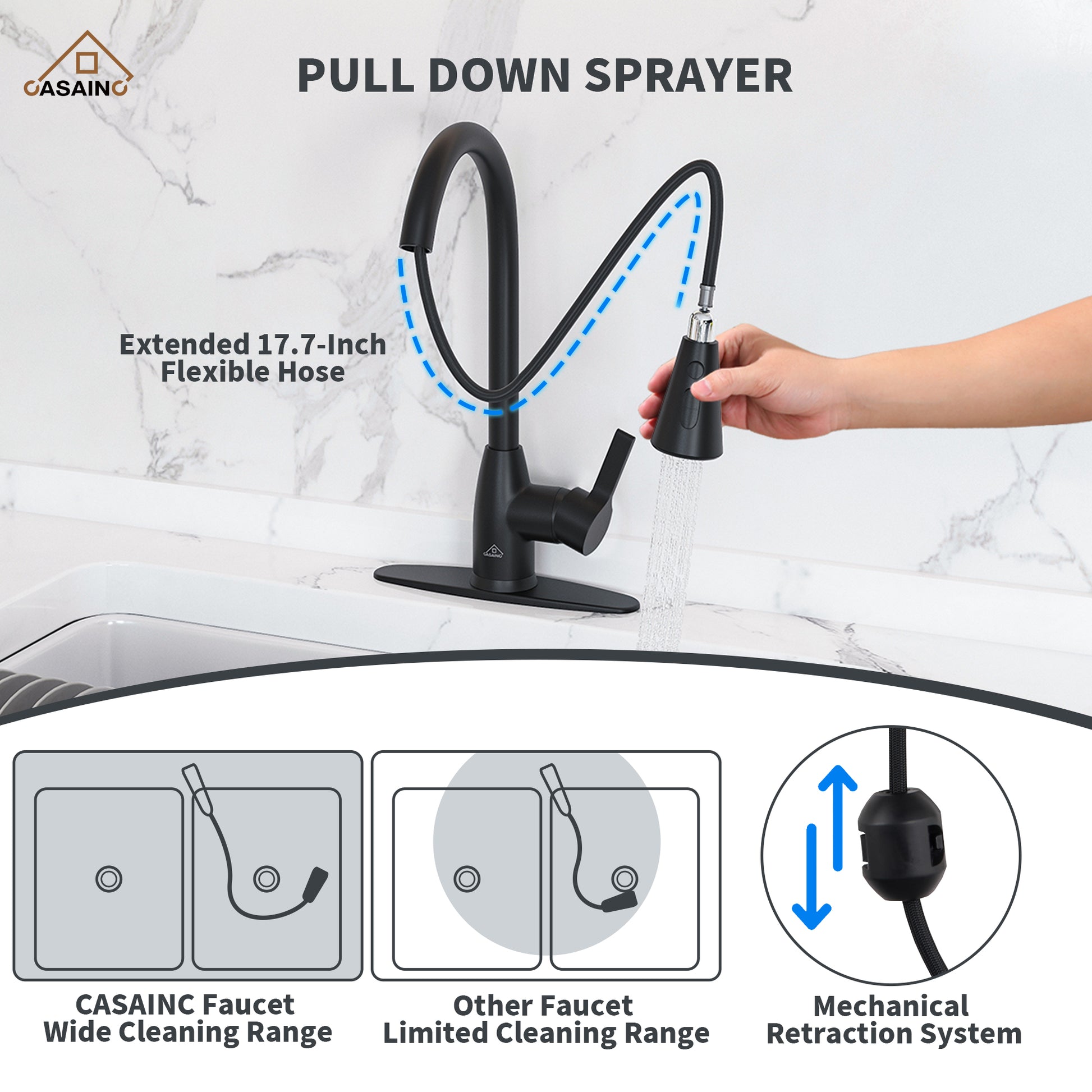 Kitchen Faucet with Pull Down Sprayer Three Function Spray Head