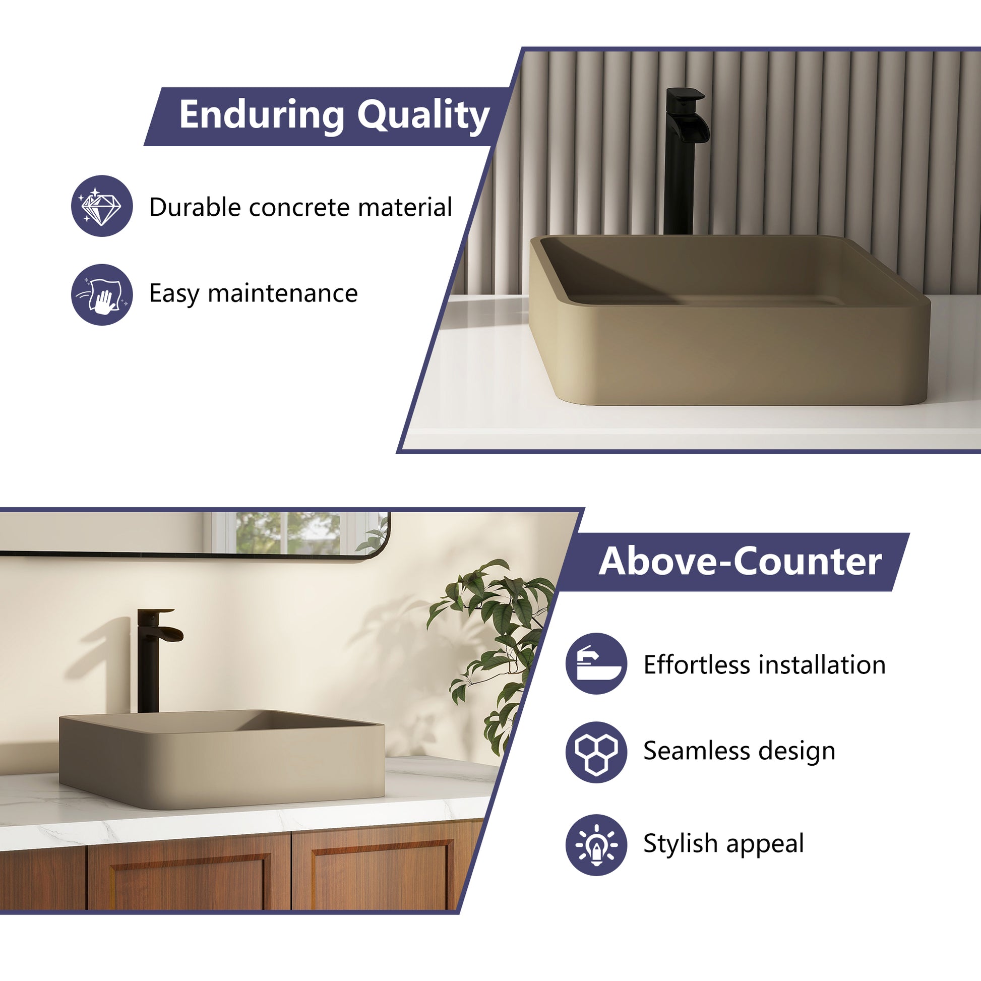 15in Bathroom Concrete Square Vessel Sink with Drainer in Mottled Bluish Grey / Cold Concrete Grey / Taupe Clay