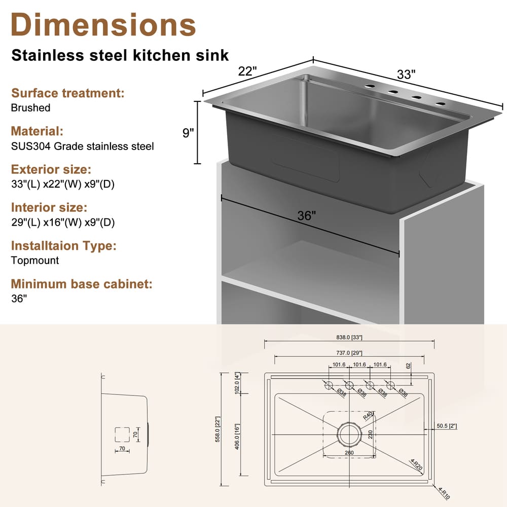 33inch 4-Hole Single Bowl Stainless Steel Drop-in Workstation Kitchen Sink with Accessories