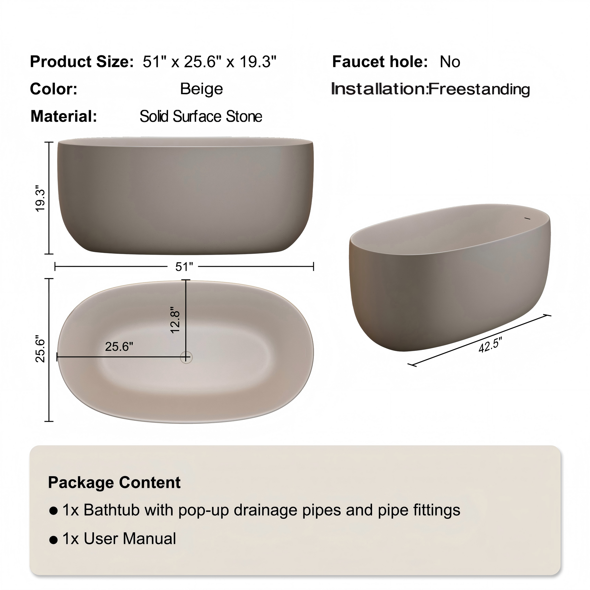 51" Freestanding Stone Resin Soaking Tub with Smooth Hand-Polished Surface, Turquoise Green, Beige