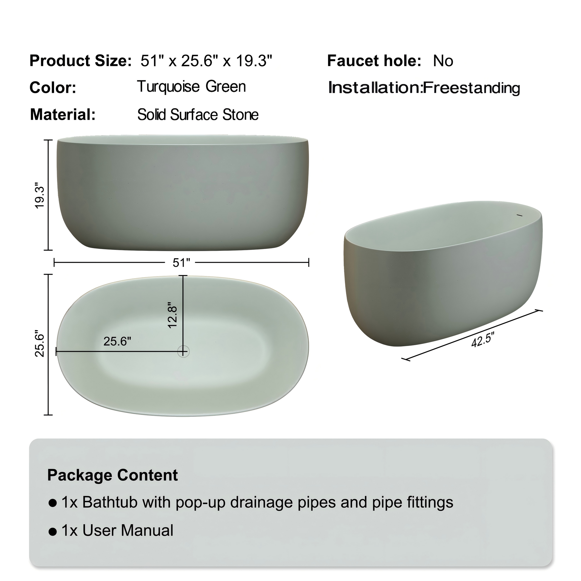 51" Freestanding Stone Resin Soaking Tub with Smooth Hand-Polished Surface, Turquoise Green, Beige