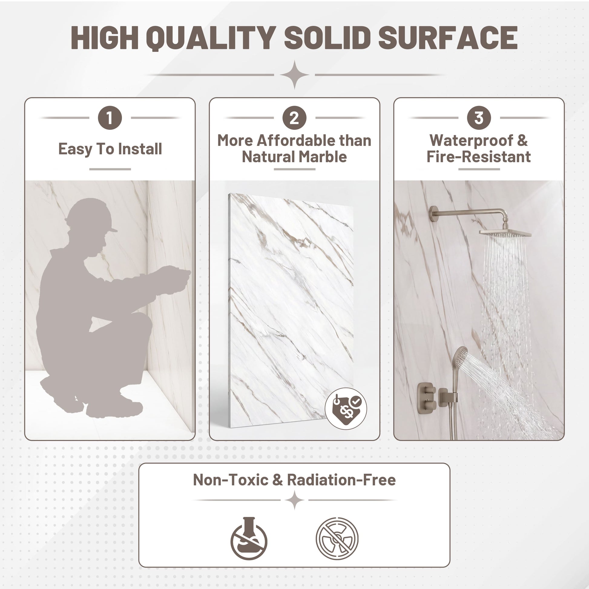 4-Piece Warm Gray Marble Solid Surface Shower Wall Panels for Luxury Shower Spaces