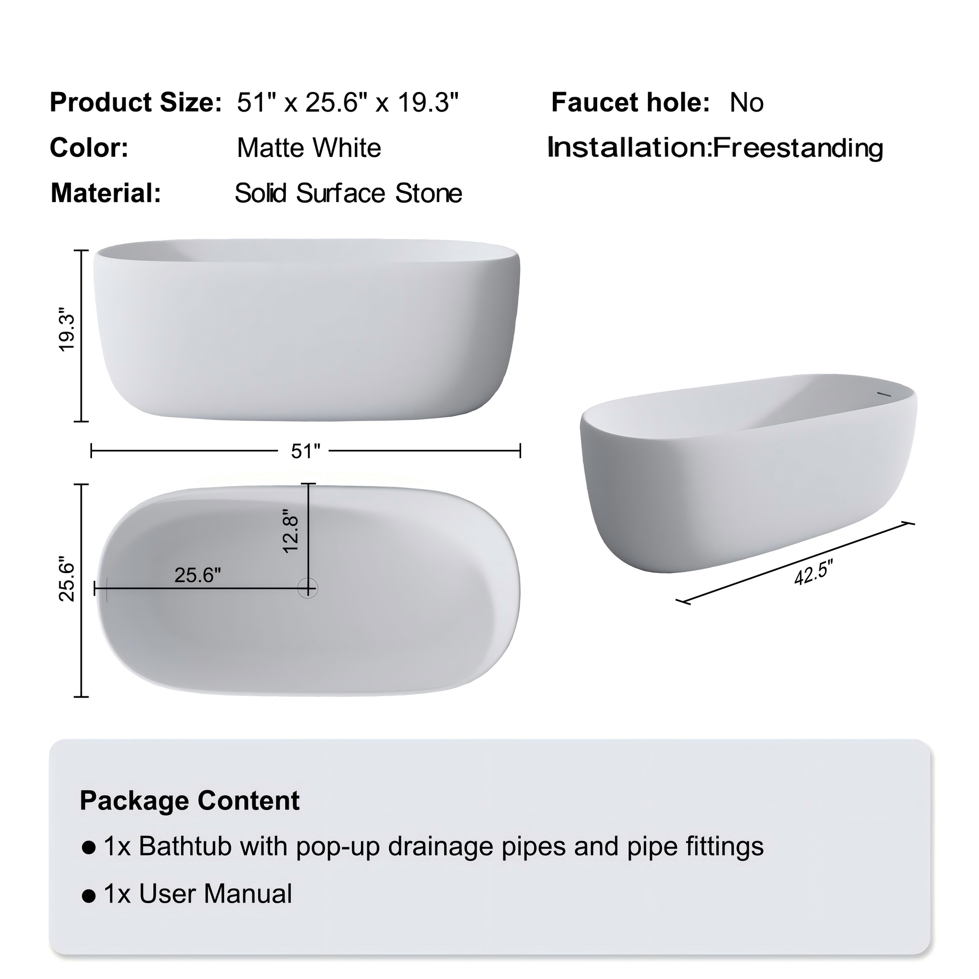 47"/51" Freestanding Stone Resin Soaking Bathtub with Heat Retention