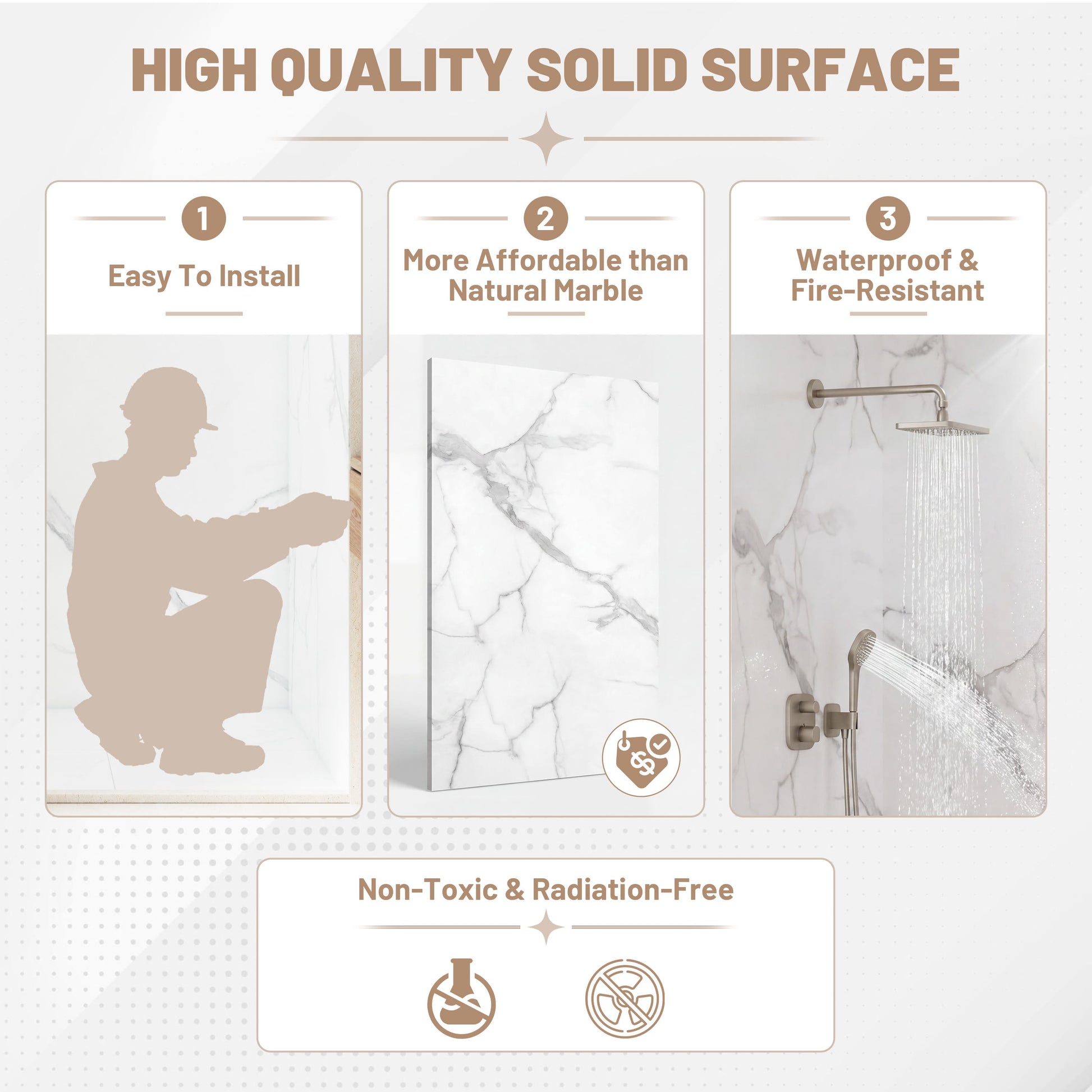 4-Piece Solid Surface Shower Wall Panels with Carrara White Marble Pattern