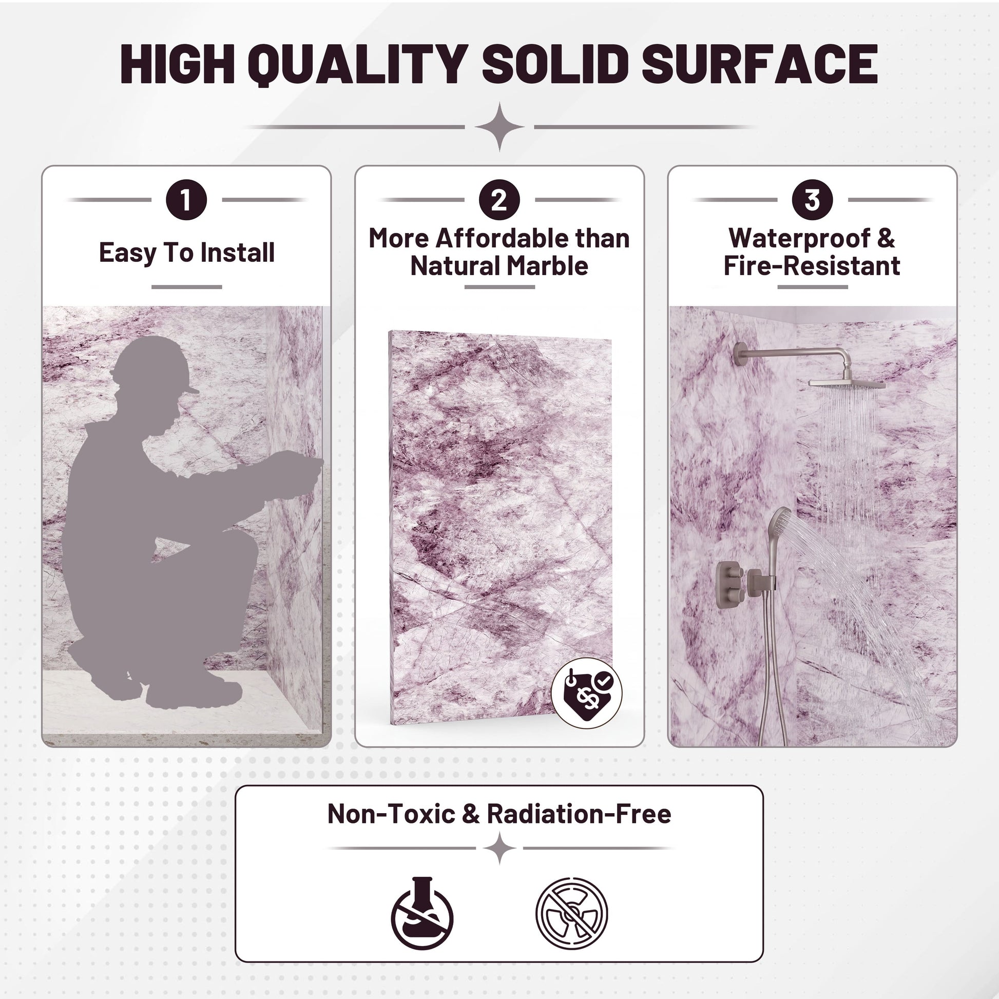 4-Piece Solid Surface Shower Wall Panels with Lavender Marble Pattern