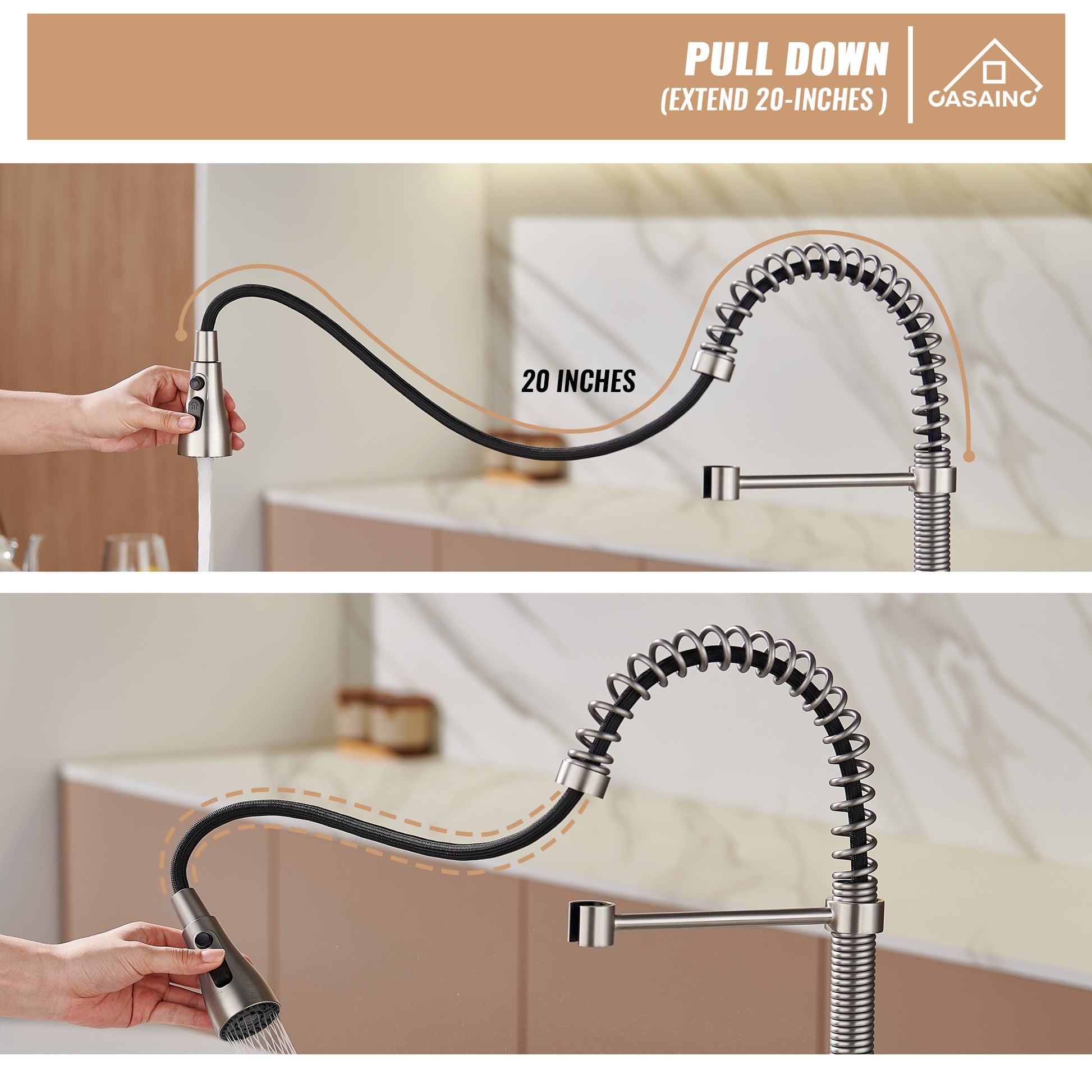  Pull-Down Sprayer Kitchen Faucet with 360° Swivel, Three Functions for Effortless Cooking and Cleaning