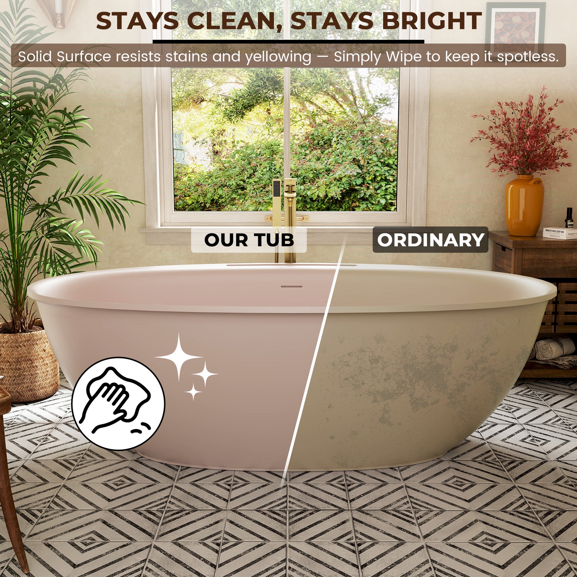 63"/67" Solid Surface Freestanding Matte Bathtub with Rim Towel Slot