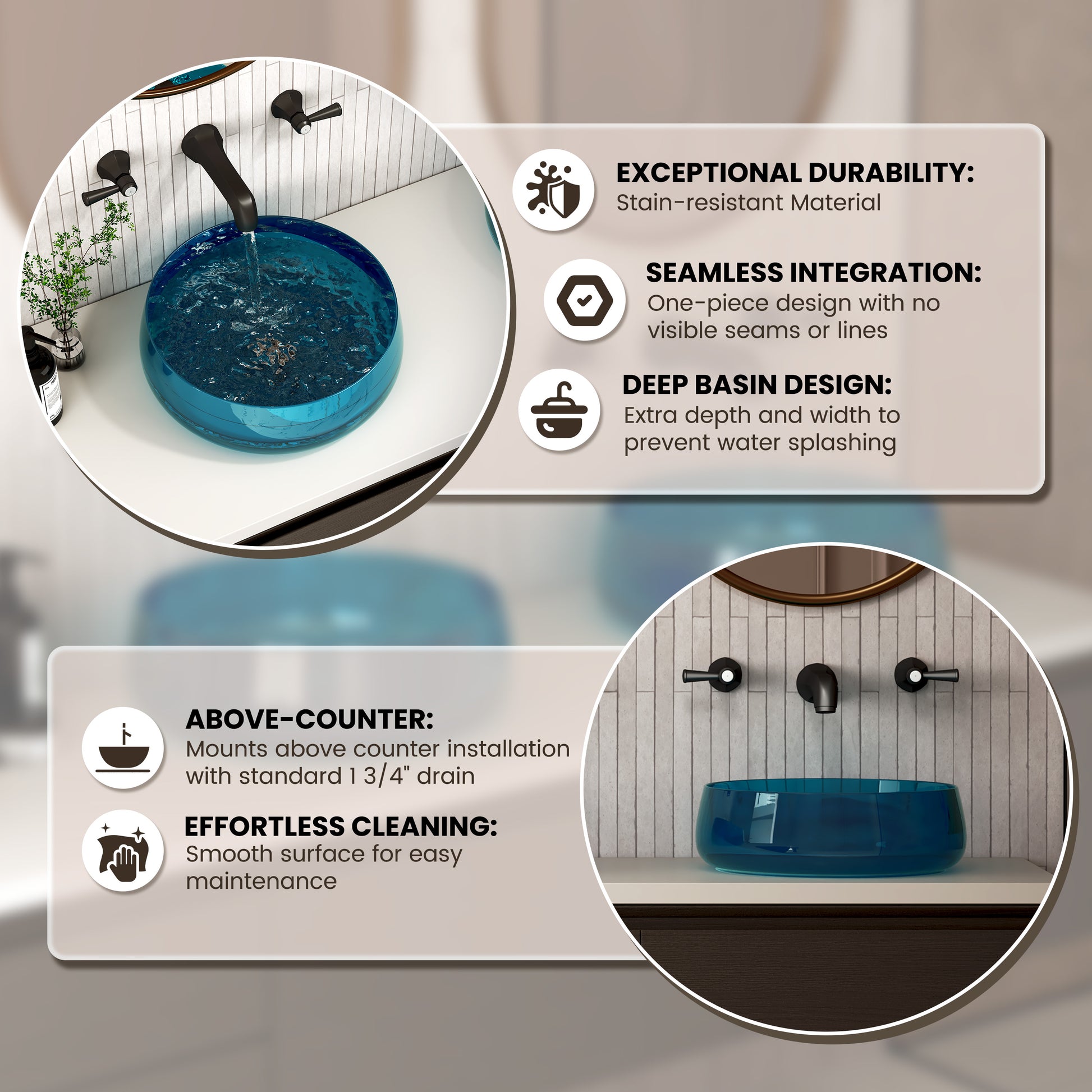 17.7" Round Transparent Resin Bathroom Vessel Sink with Drainer