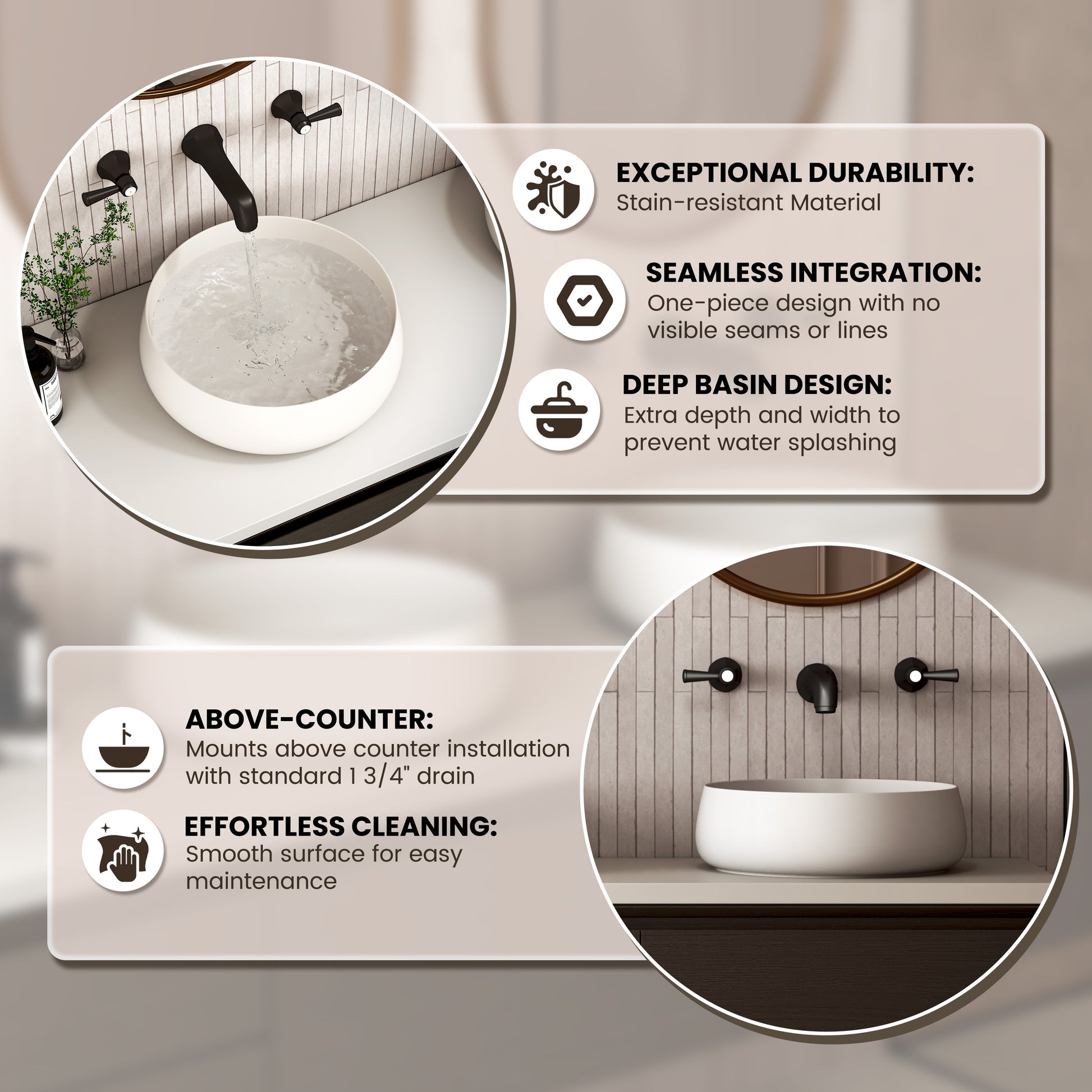 17.7" Round Solid Surface Bathroom Sink in Matte White
