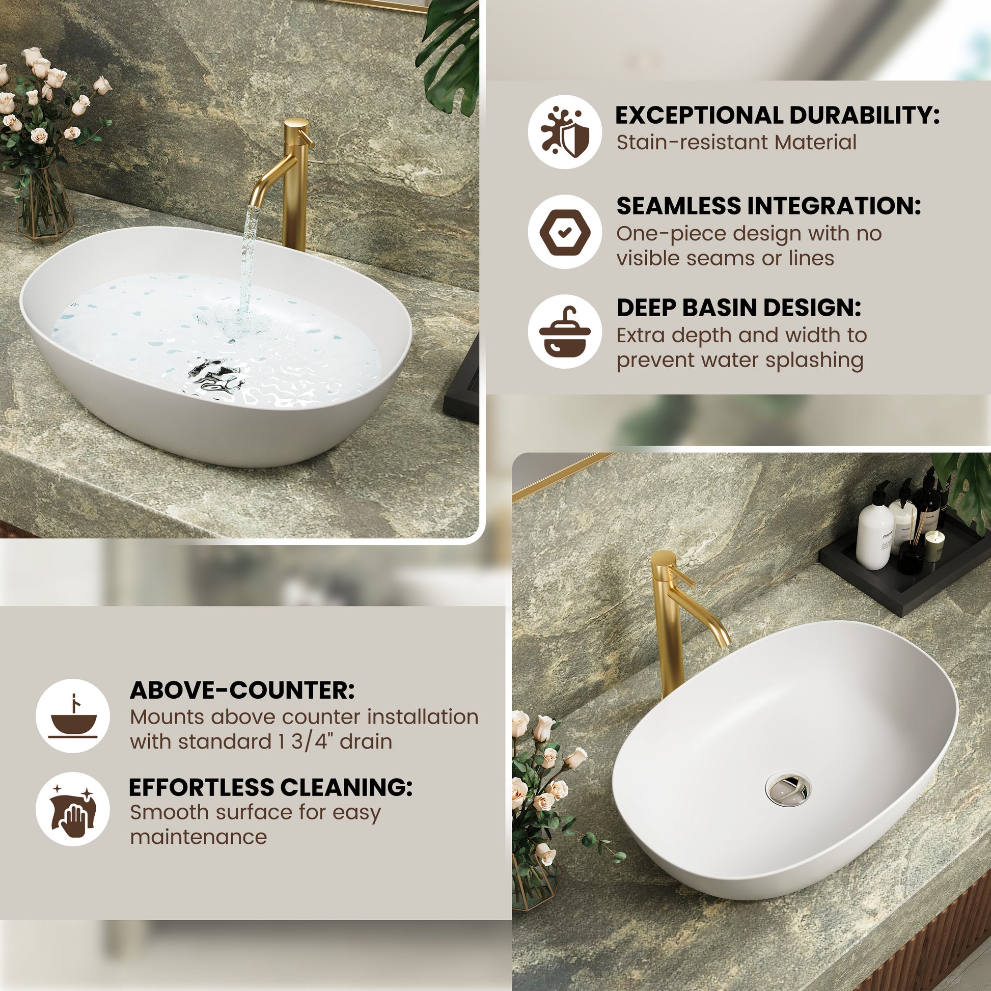 22" Oval Solid Surface Bathroom Vessel Sink in Matte White