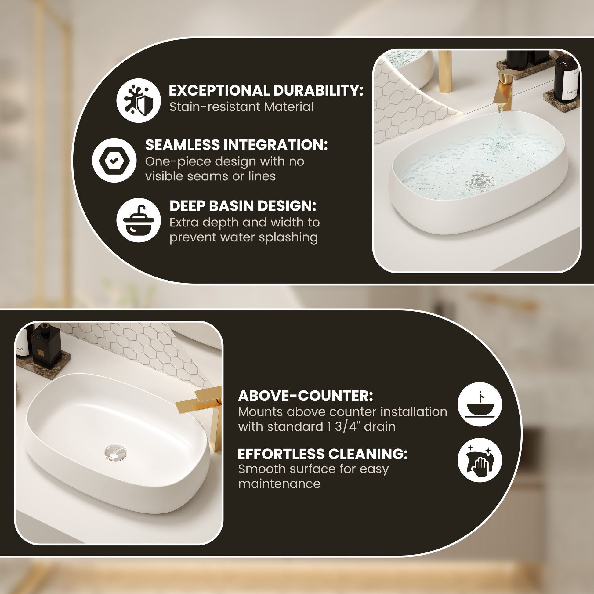 23" Oval Shape Solid Surface Bathroom Sink in Matte White