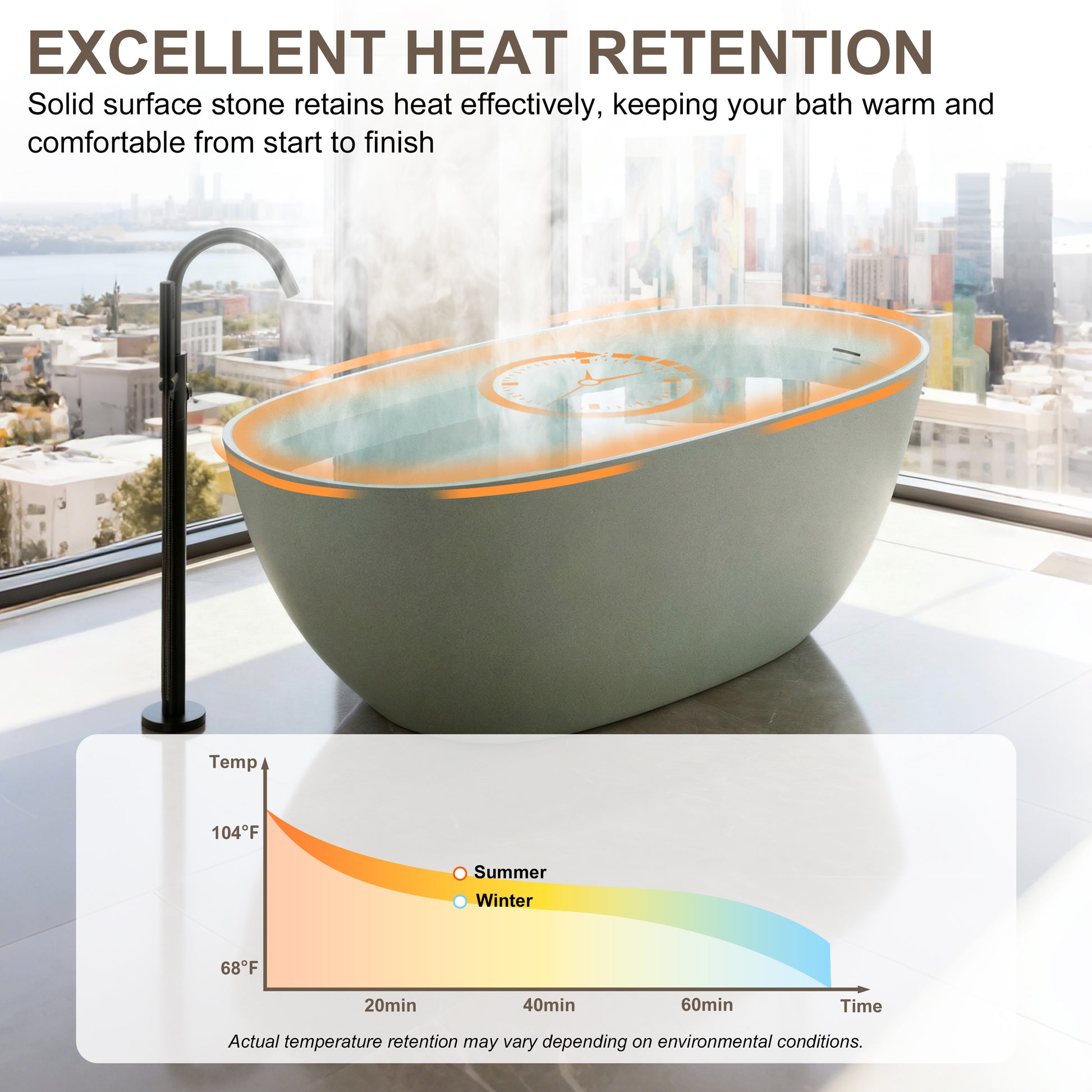 57"/61"/65"/69" Minimalist Solid Surface Freestanding Bathtub in Pine Crest and Shadow Whisper