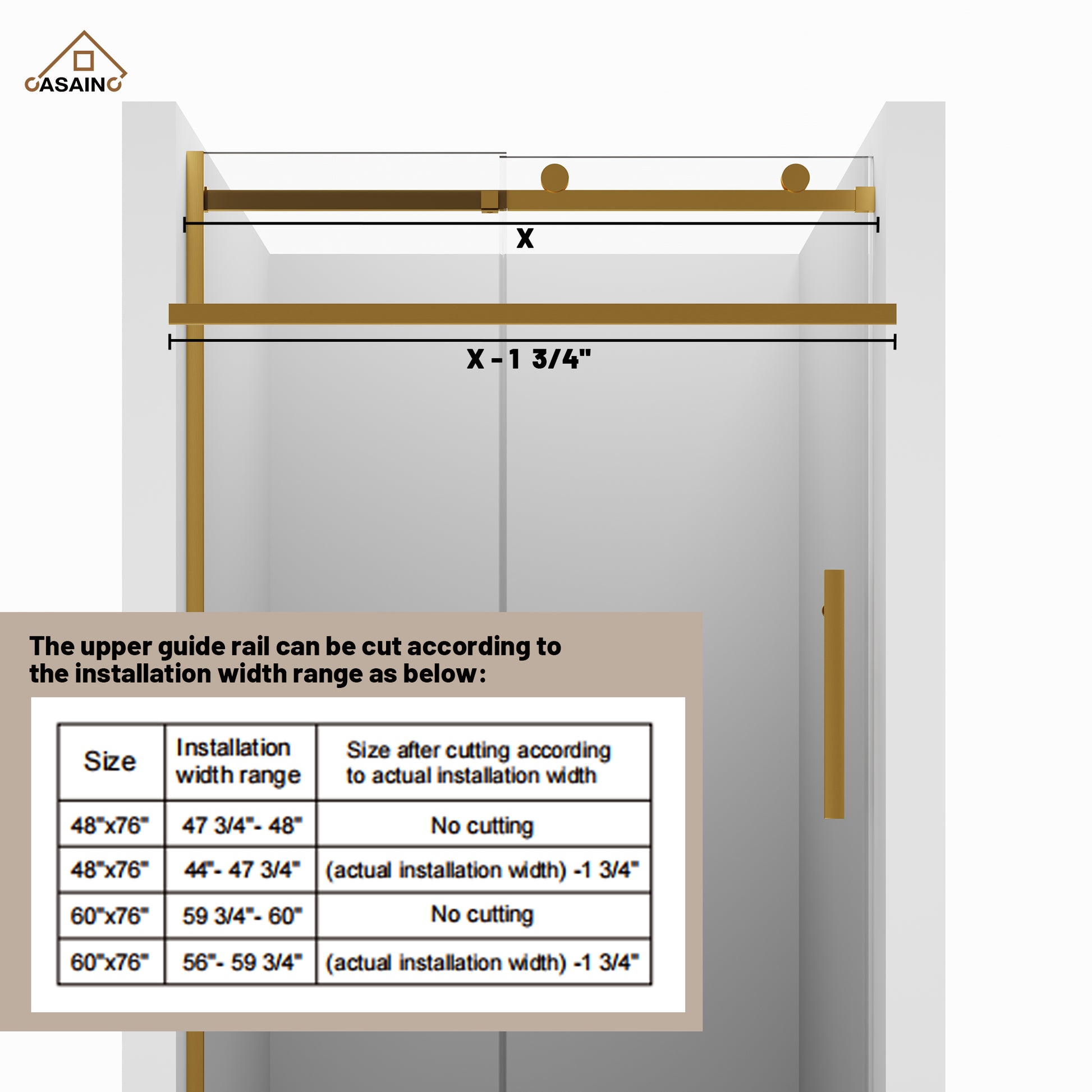 48"x76" Frameless Shower Door with Cushioned Single Slide, SGCC-Certified Tempered Shower Glass Door in Matte Black/Chrome/Brushed Nickel/Brushed Gold