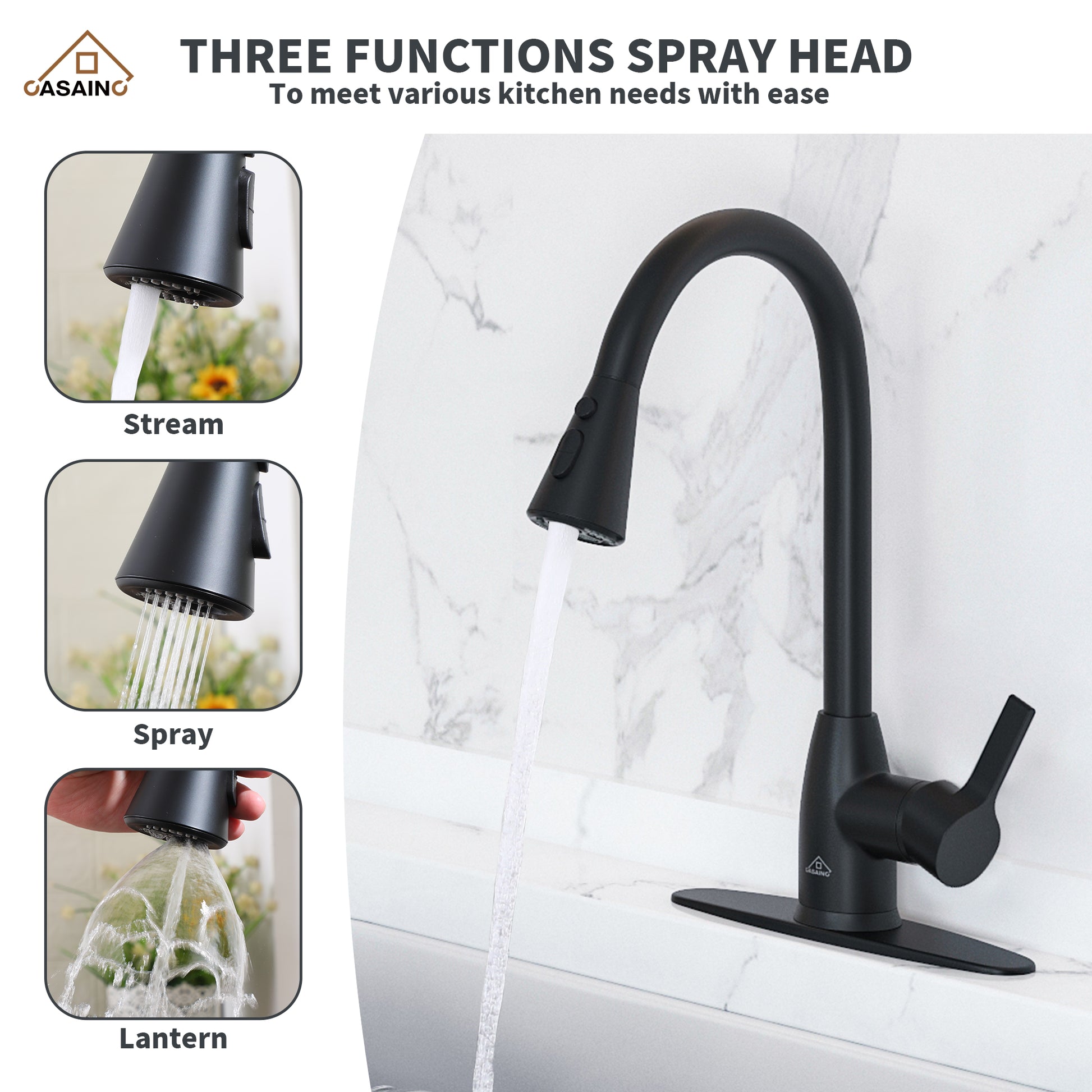 Kitchen Faucet with Pull Down Sprayer Three Function Spray Head