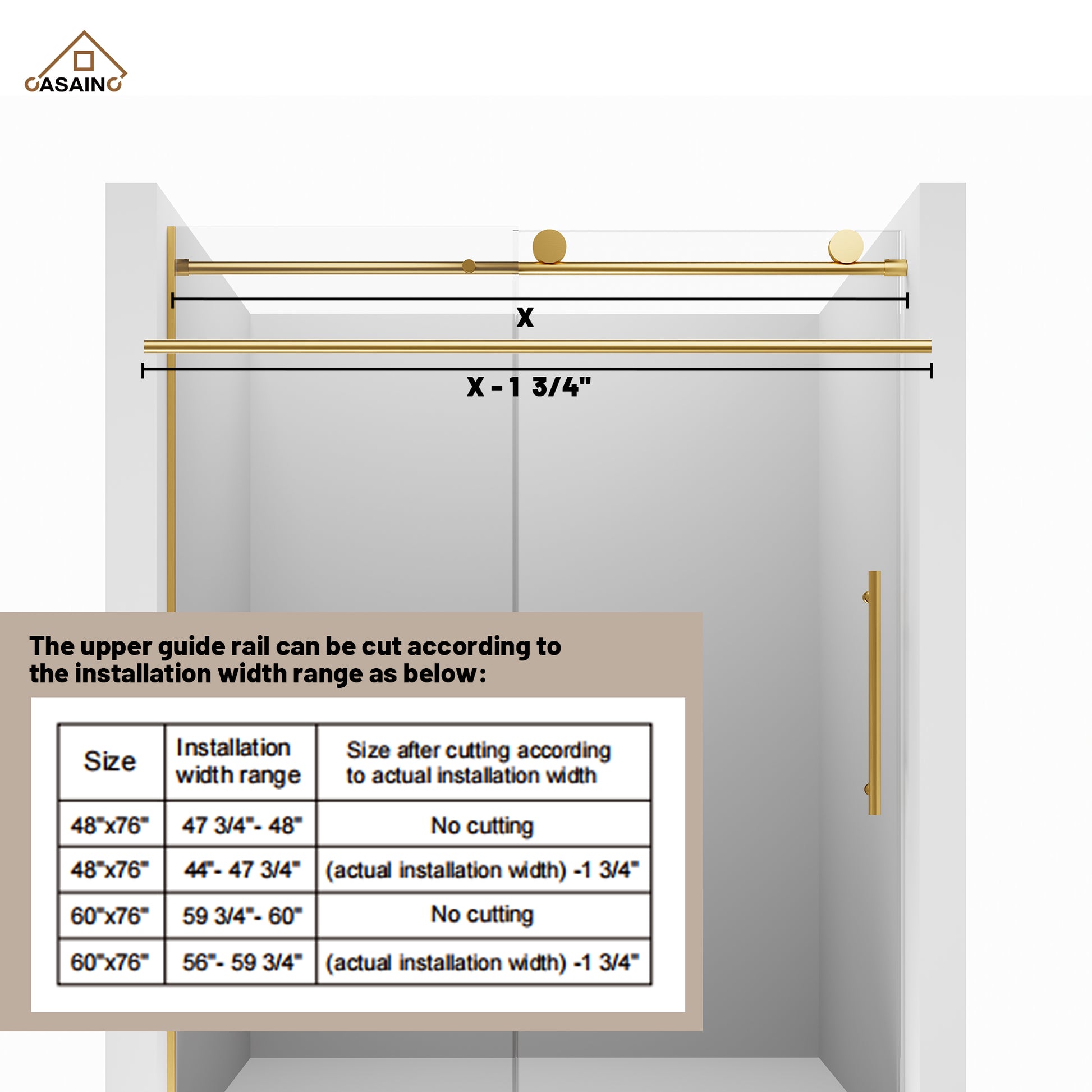 60"x76" Frameless Shower Door with Single Slide and Cushioned Enclosure in Chrome/Brushed Gold