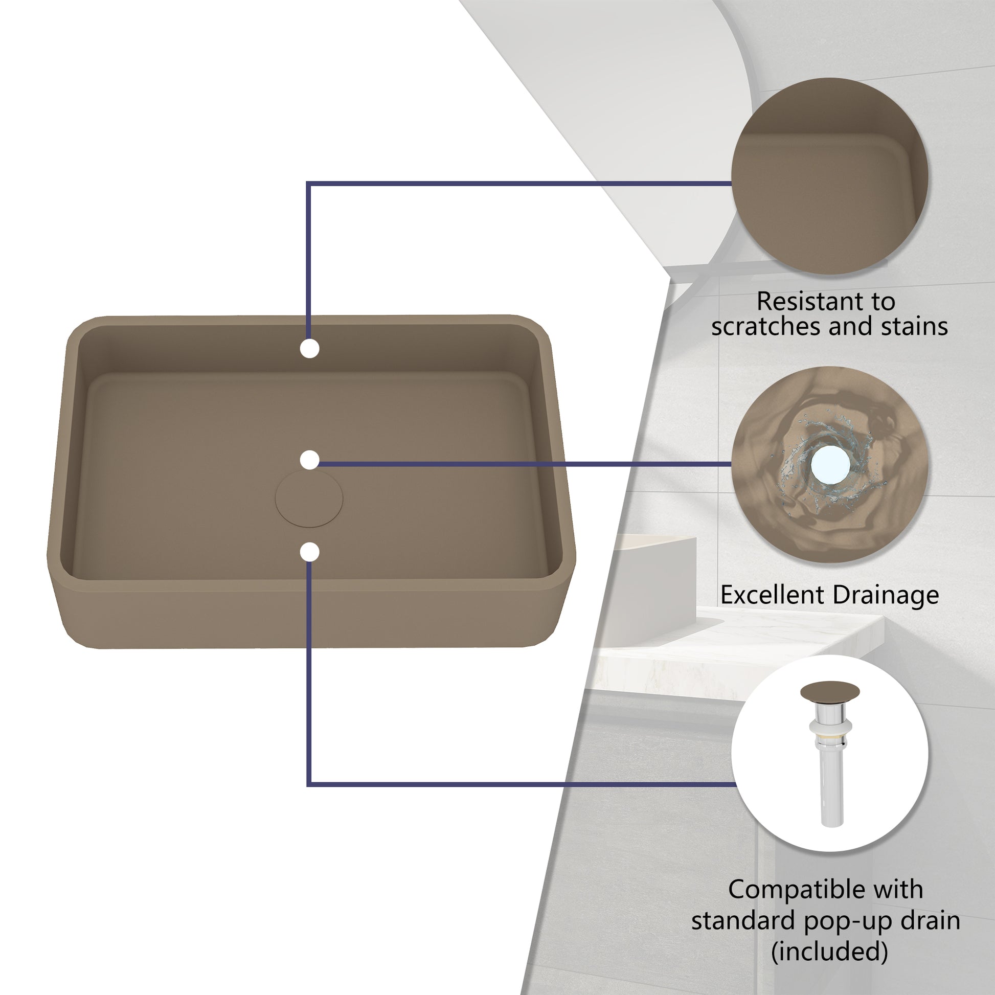 19in Bathroom Concrete Rectangular Vessel Sink with Drainer in Black Earth / Blue Ashes / Taupe Clay