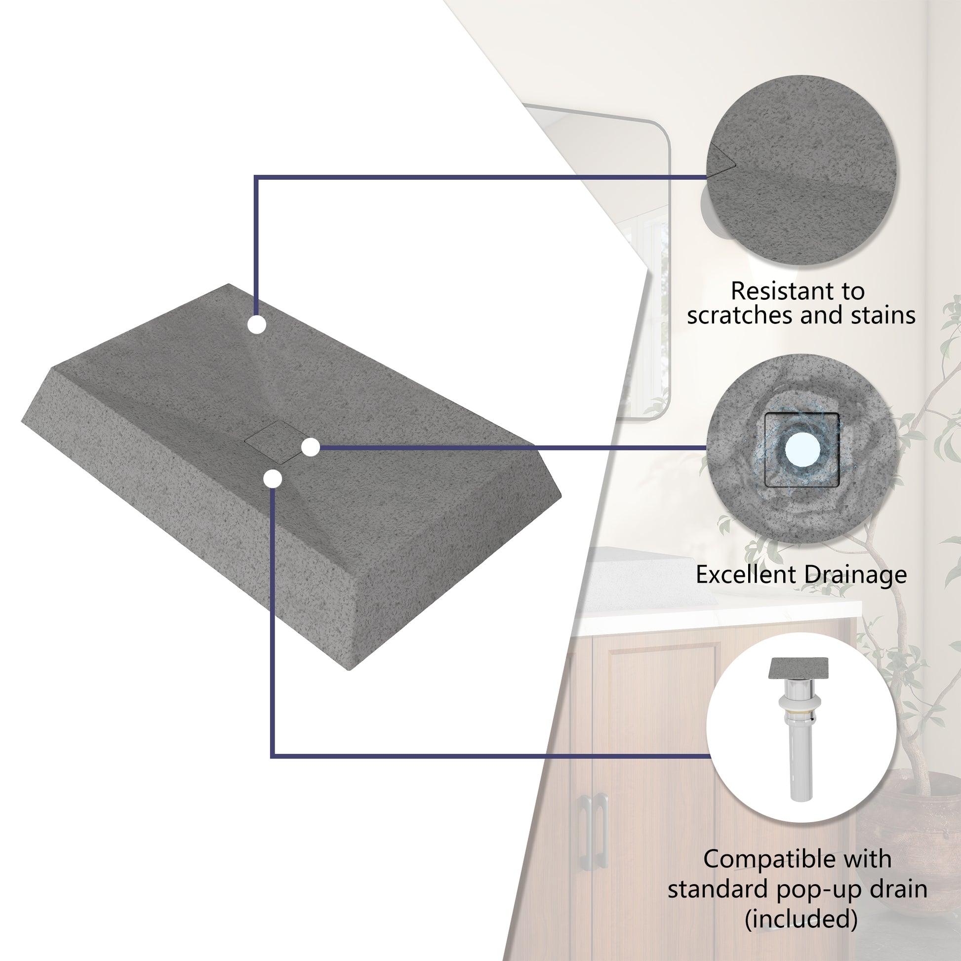 27in Bathroom Concrete Rectangular Vessel Sink with Drainer in Mottled Bluish Grey / Black Earth / Taupe Clay