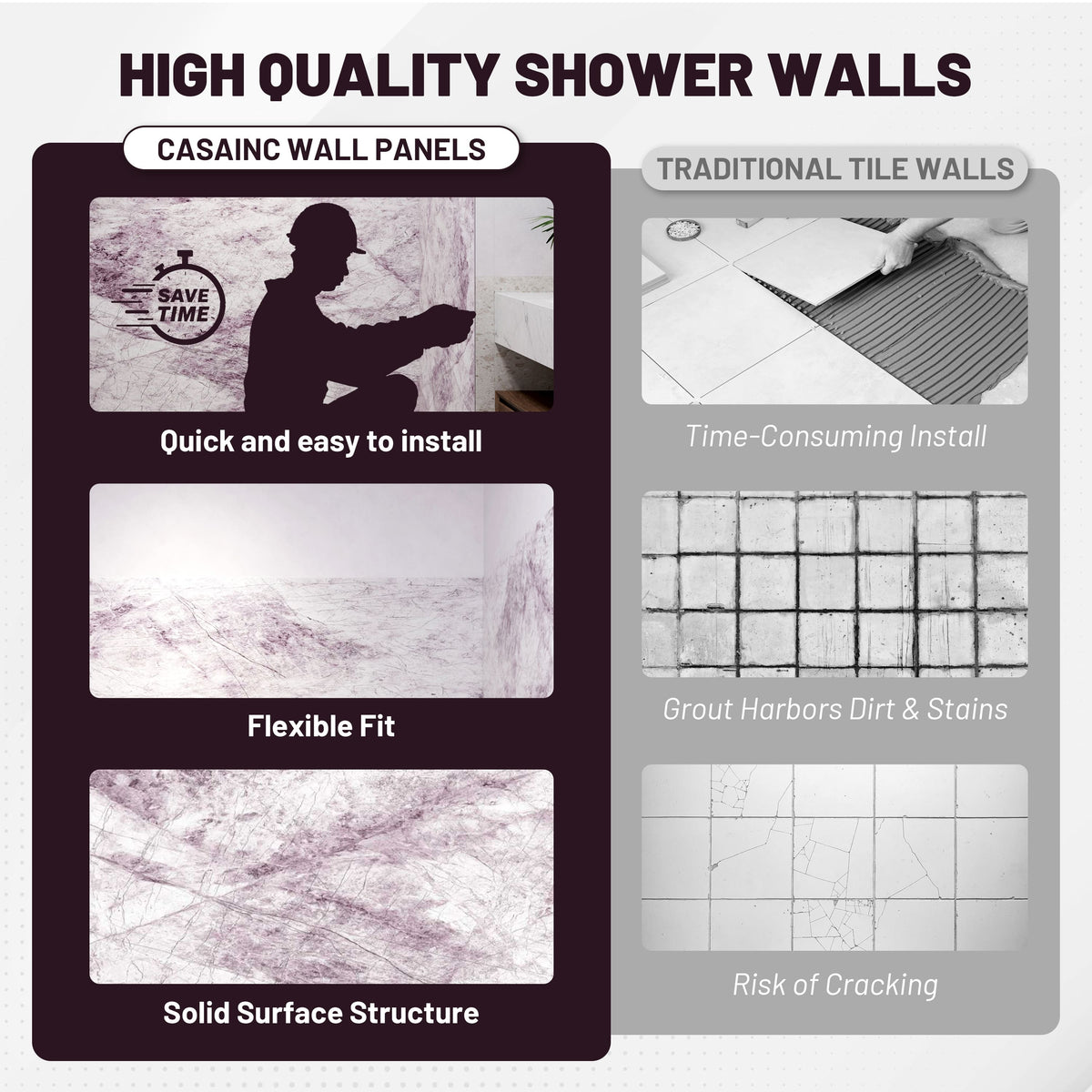 4-Piece Solid Surface Shower Wall Panels with Lavender Marble Pattern