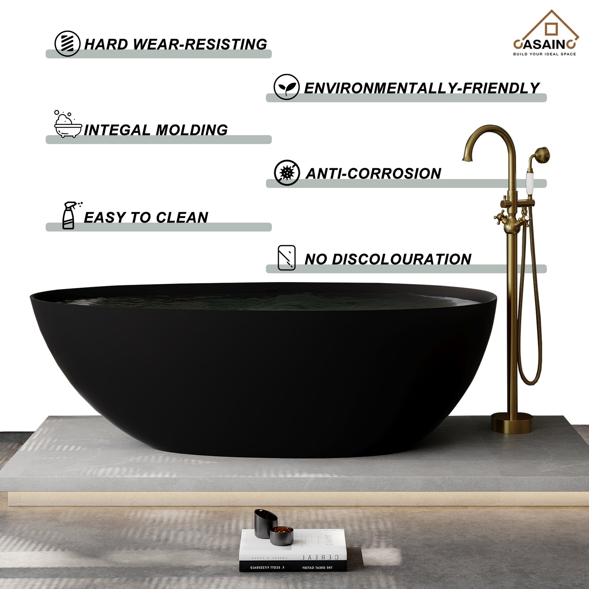 67" Solid Surface Freestanding Bathtub in (Matte Black& Grey)
