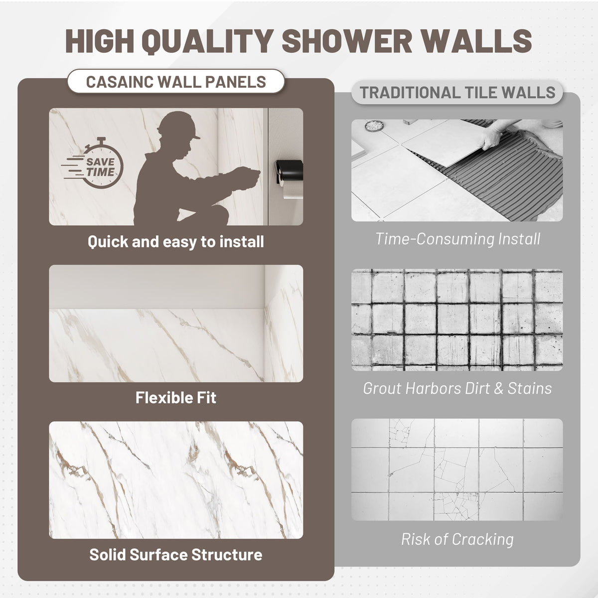 4-Piece Warm Gray Marble Solid Surface Shower Wall Panels for Luxury Shower Spaces