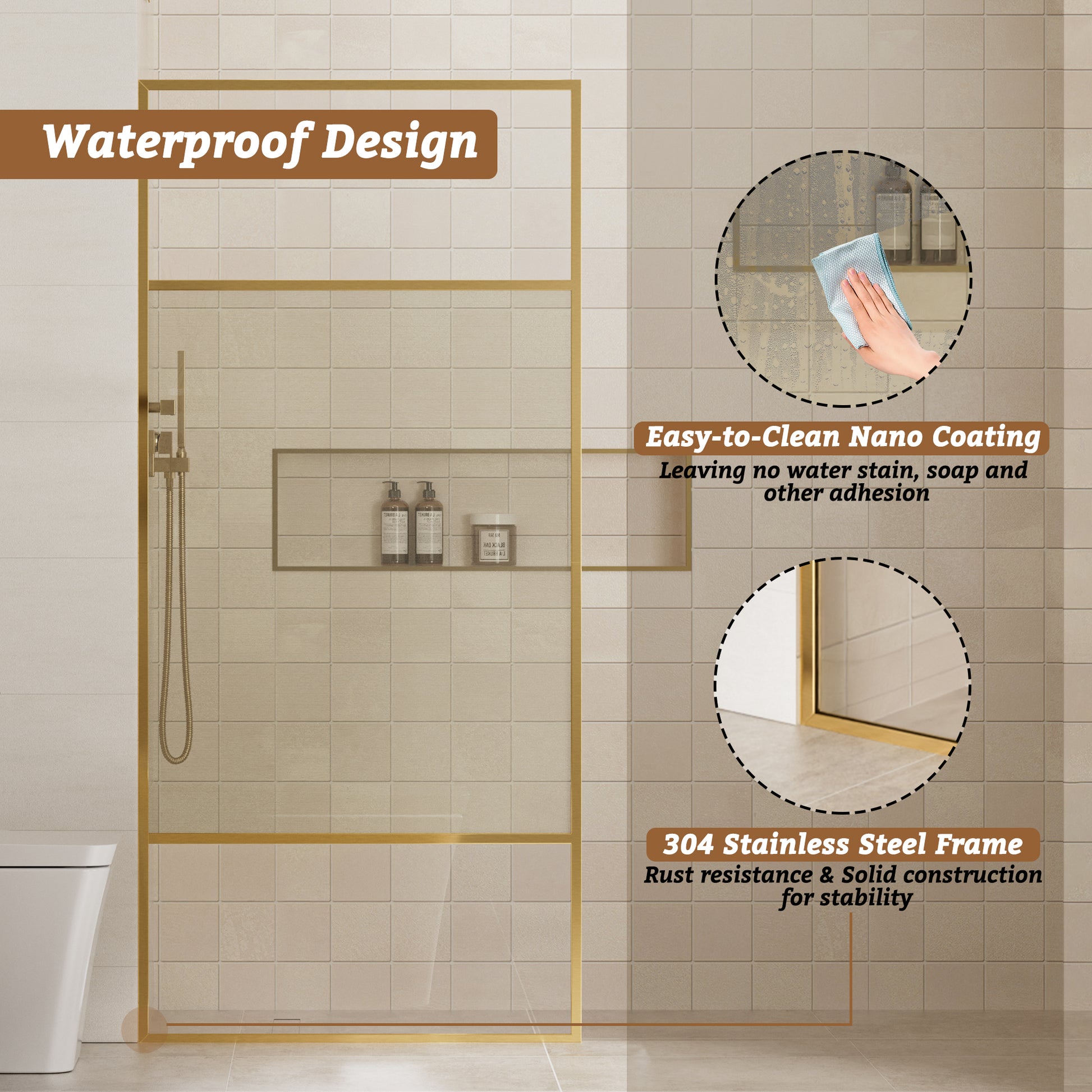 34"x74" Glass Shower Spliced Screen Panel with 304 Stainless Steel Hardware