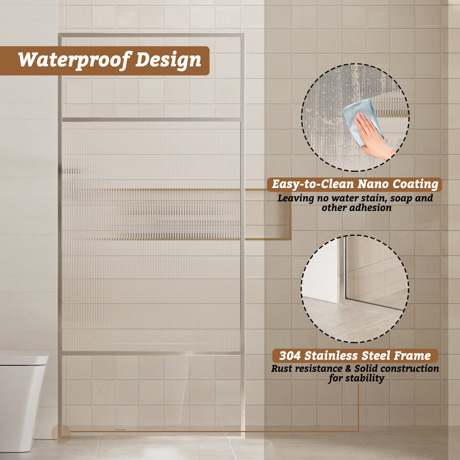 34"x74" Glass Shower Spliced Screen Panel with 304 Stainless Steel Hardware