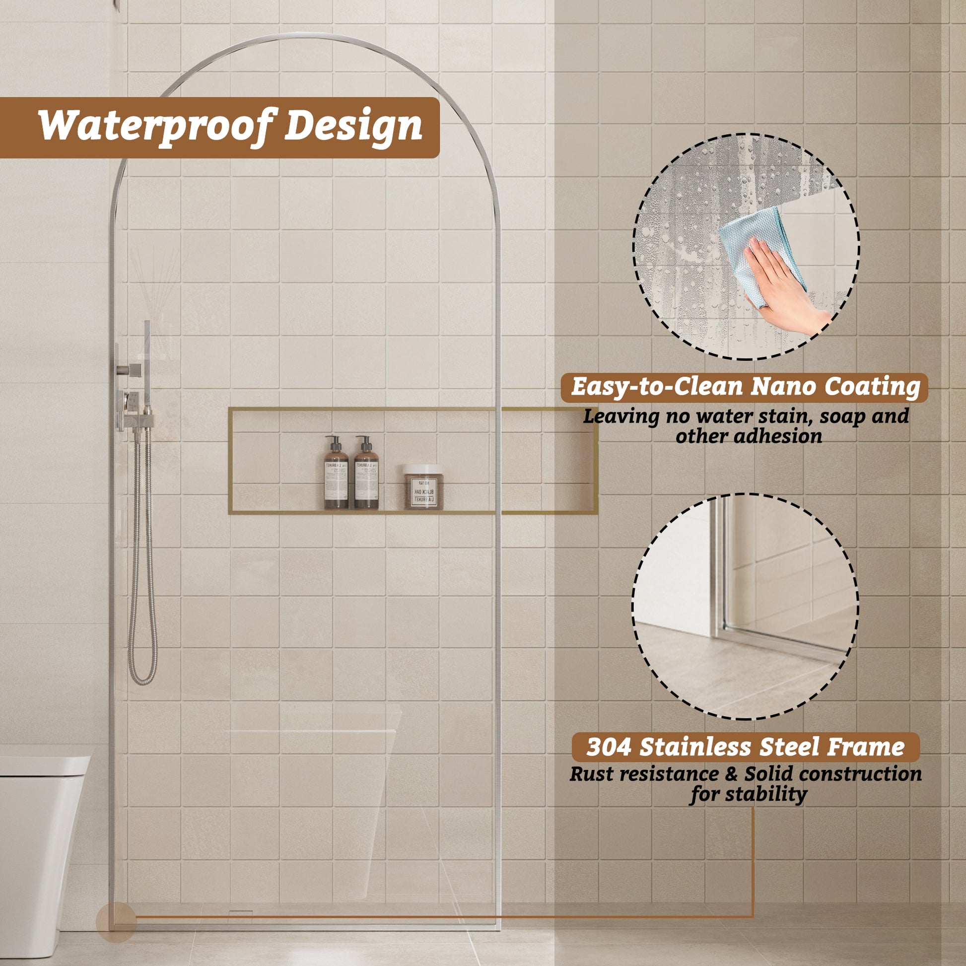 34"x78" Tempered Glass Shower Screen with Integrated Curved Frame