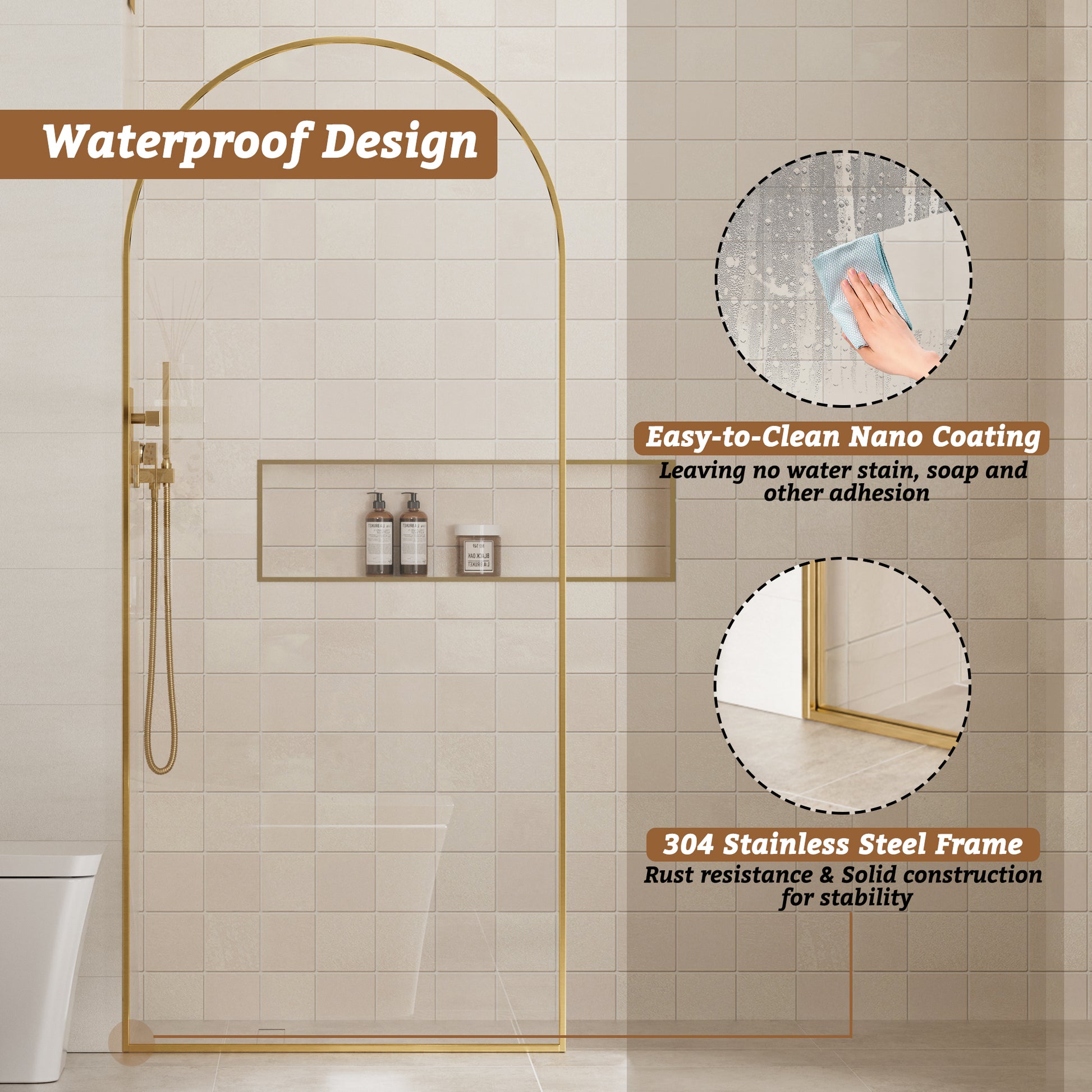34"x78" Tempered Glass Shower Screen with Integrated Curved Frame