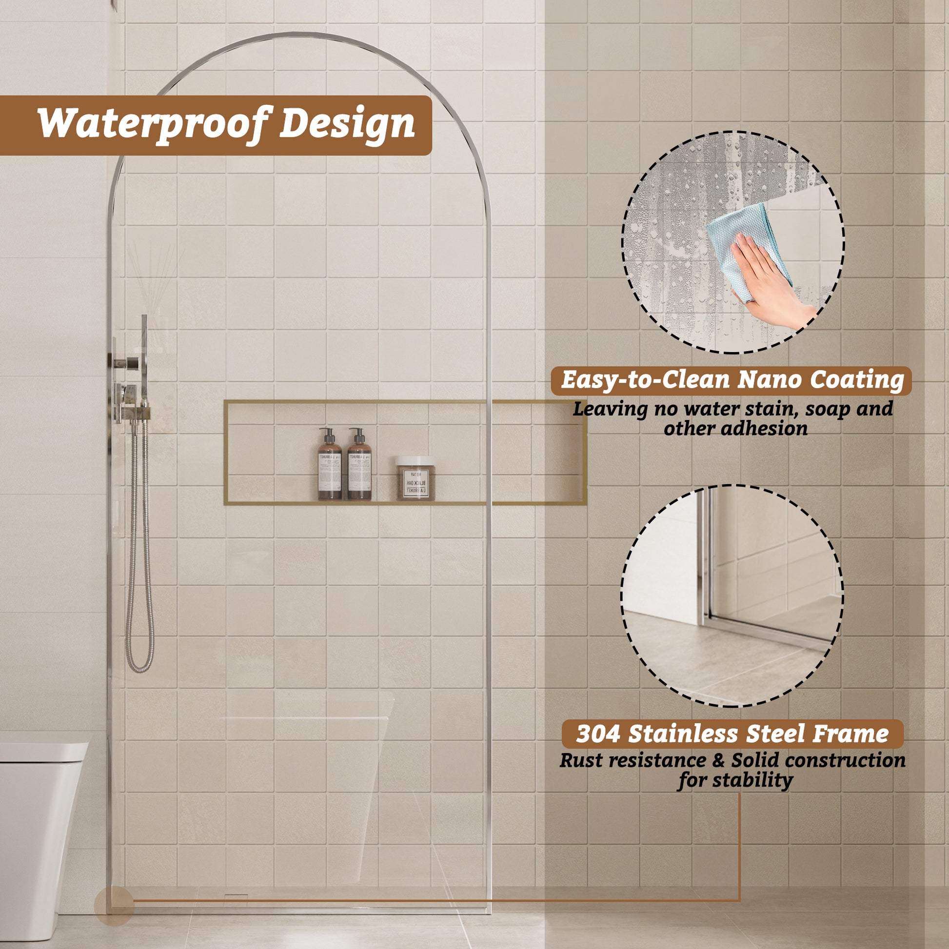 34"x78" Tempered Glass Shower Screen with Integrated Curved Frame